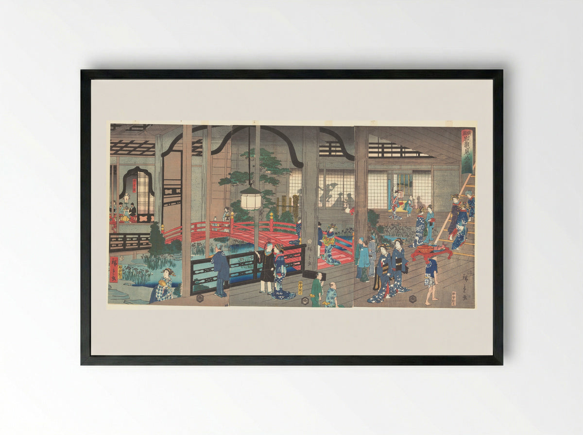 The Interior of the Gankiro Tea House in Yokohama - Suzuki Hiroshige II - Framed Print Black