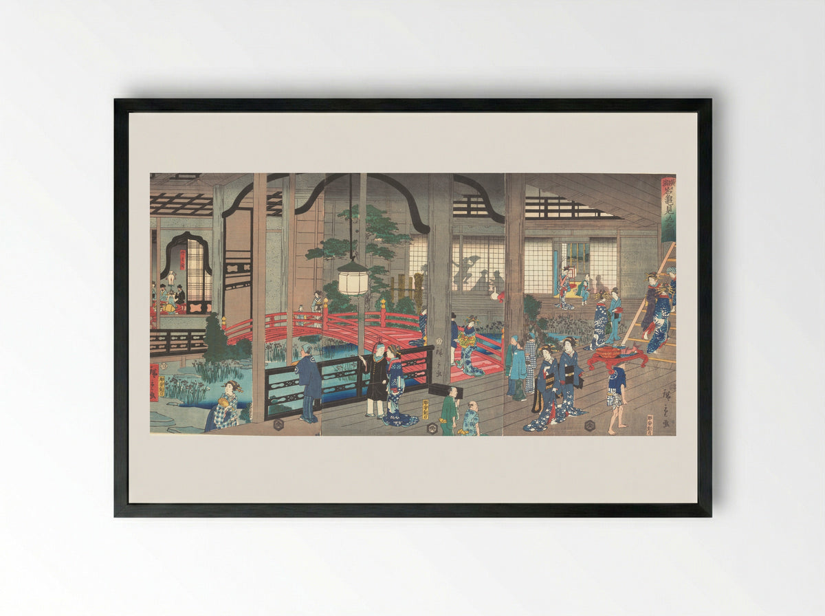The Interior of the Gankiro Tea House in Yokohama - Suzuki Hiroshige II - Framed Print Black