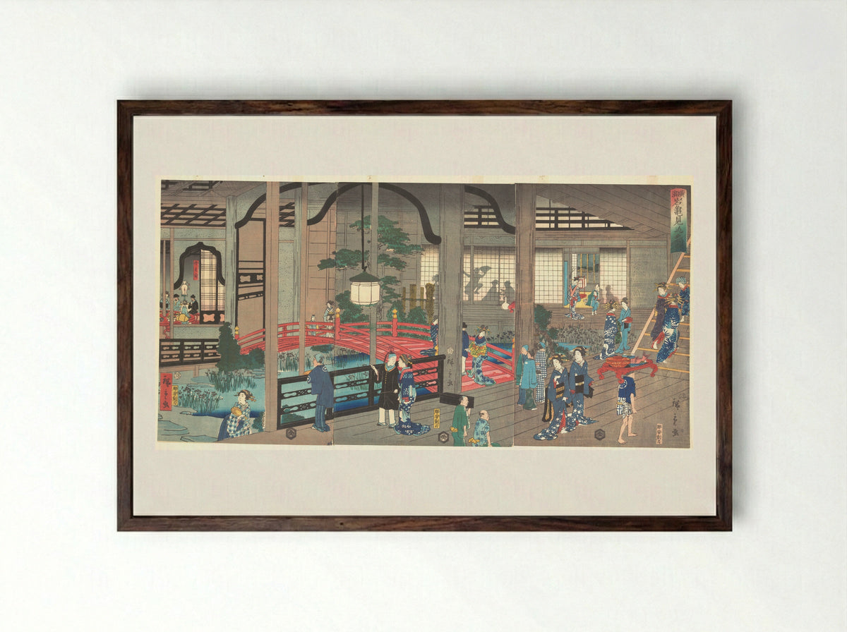 The Interior of the Gankiro Tea House in Yokohama - Suzuki Hiroshige II - Framed Print Dark Wood