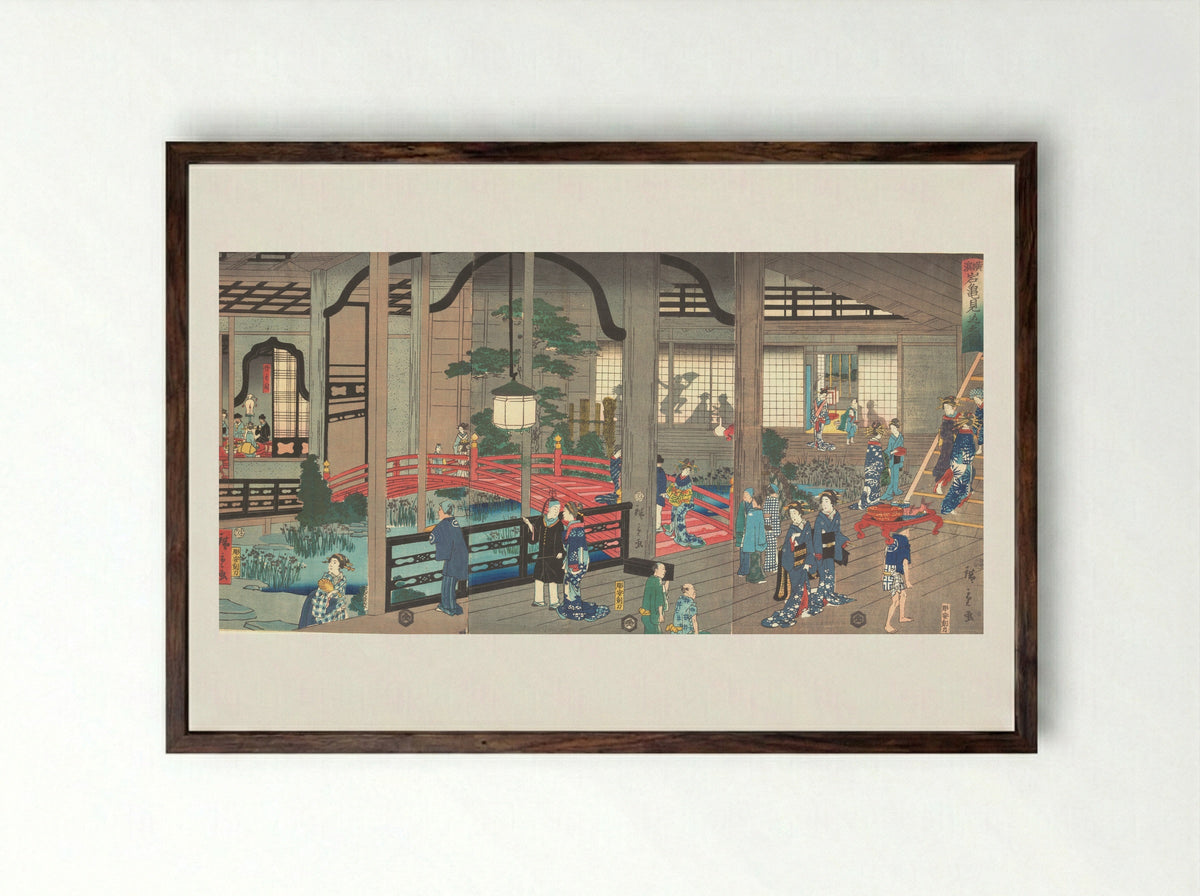 The Interior of the Gankiro Tea House in Yokohama - Suzuki Hiroshige II - Framed Print Dark Wood