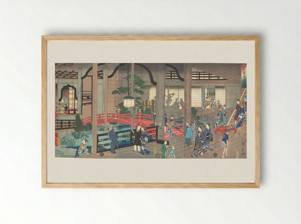 The Interior of the Gankiro Tea House in Yokohama - Suzuki Hiroshige II - Framed Print Wood