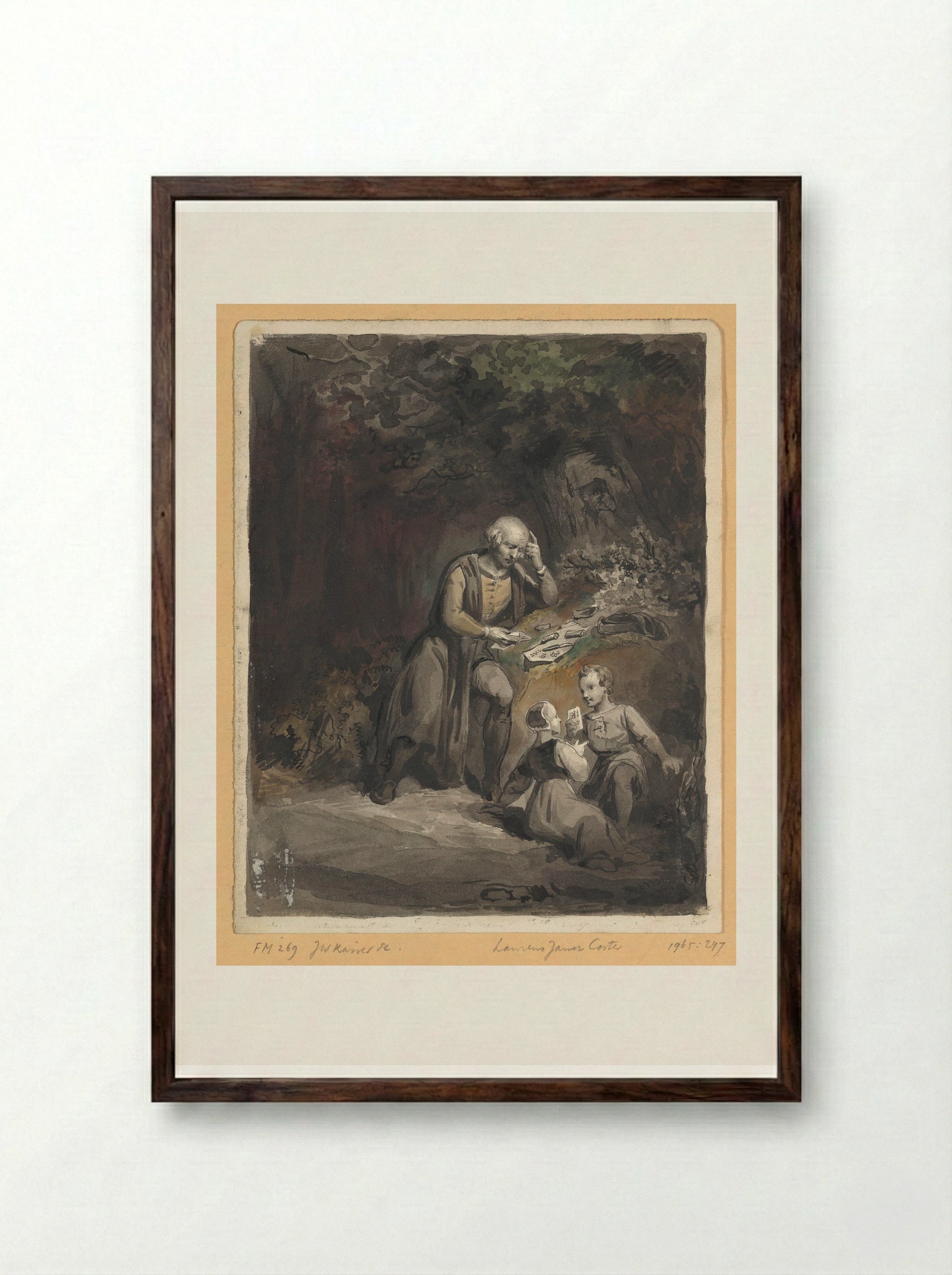 The Invention of Printing by Laurens Janszoon Coster in Haarlem - Johann Wilhelm Kaiser - Framed Print Dark Wood