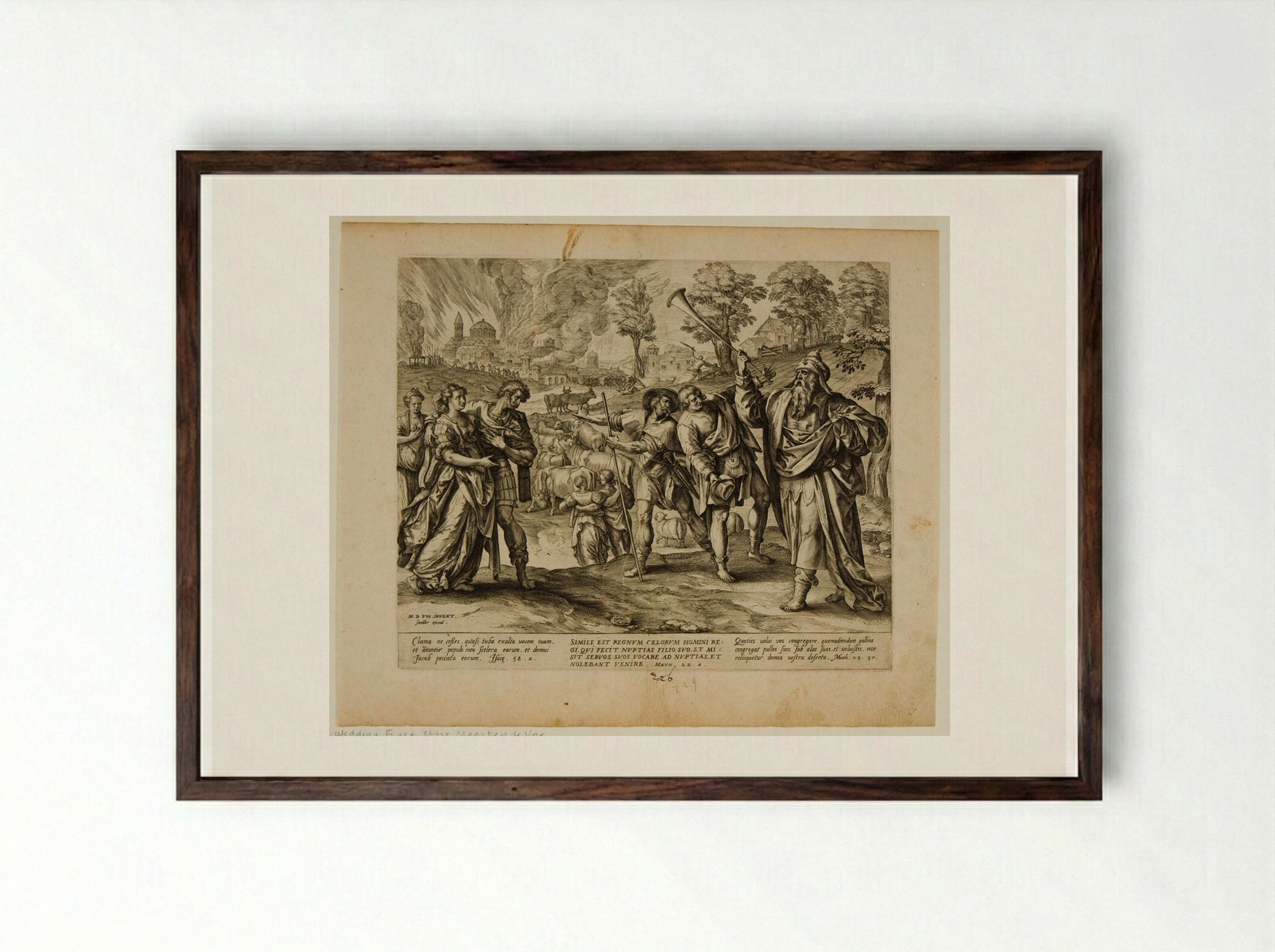 The King Sending His Servants to Invite the Guests - Johannes Wierix - Framed Print Dark Wood