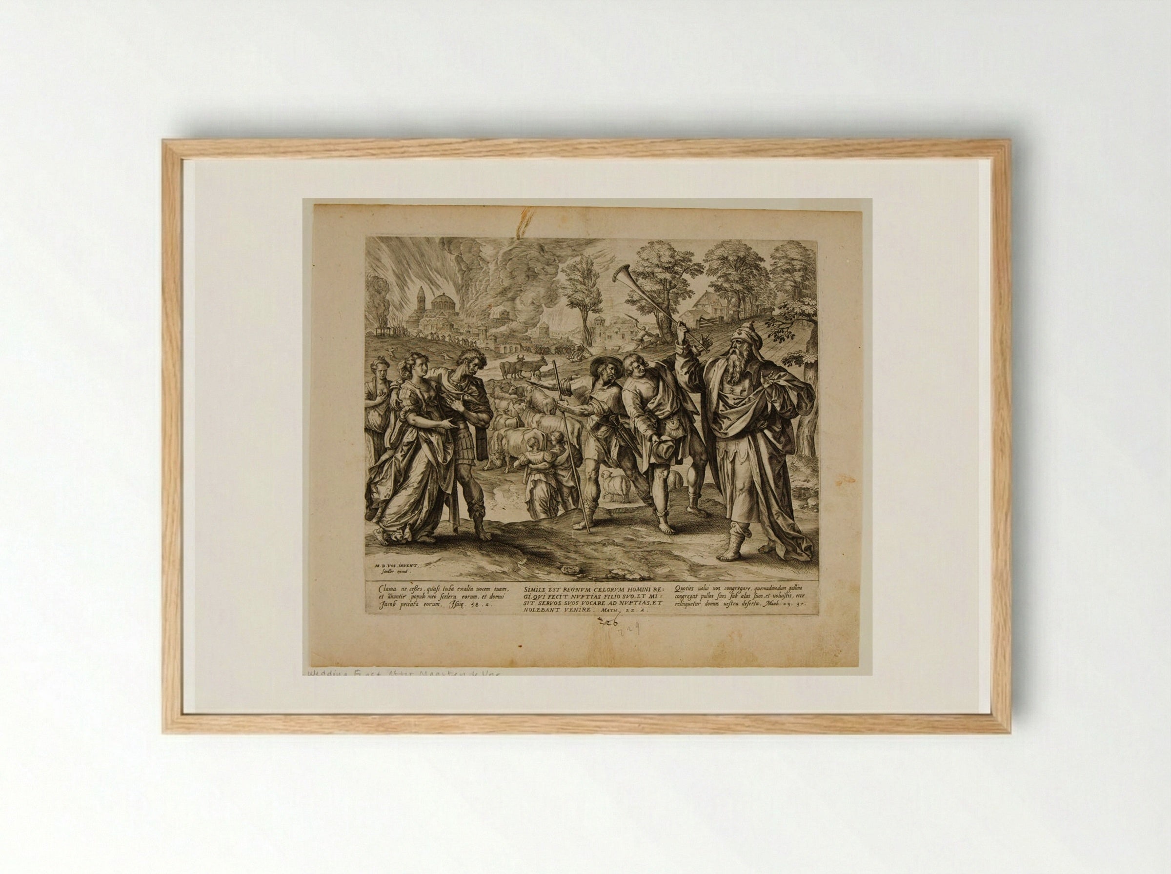 The King Sending His Servants to Invite the Guests - Johannes Wierix - Framed Print Wood