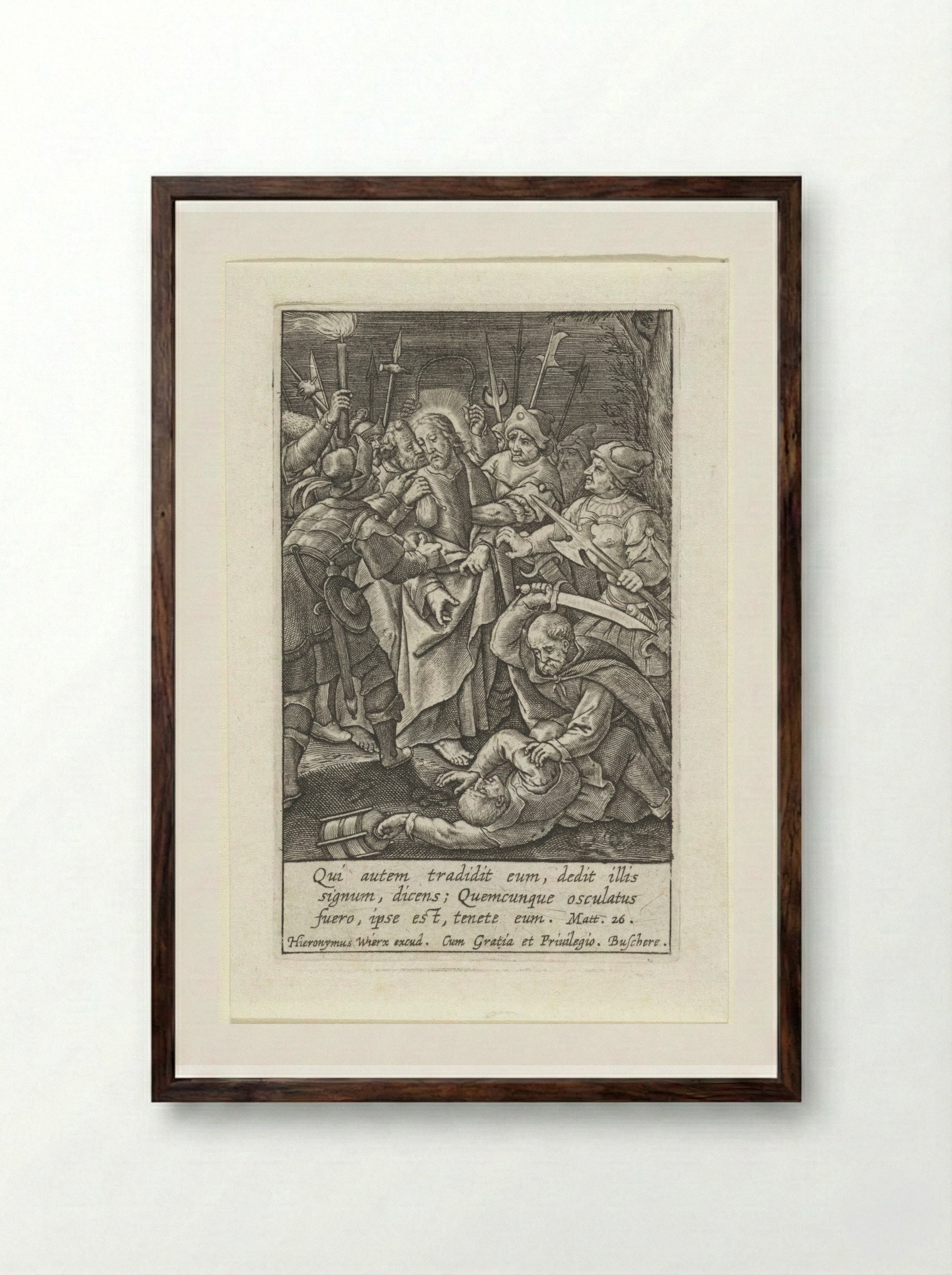 The Kiss of Judas and the Arrest of Christ - Hieronymus Wierix - Framed Print Dark Wood