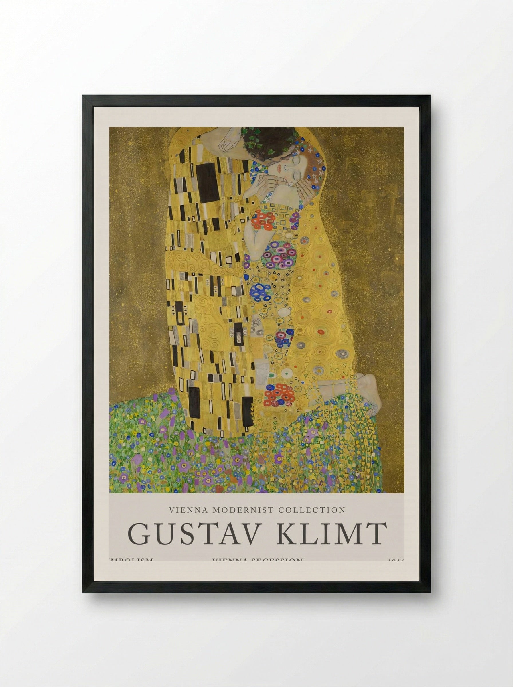 The Kiss by Gustav Klimt – Romantic Symbolist Masterpiece Art Print.png - Framed Print Black