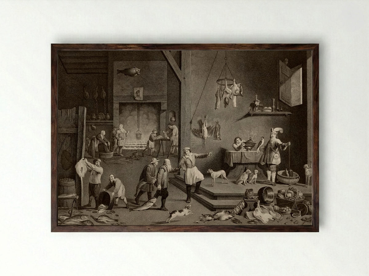 The Kitchen - Jean Baptiste Michel - Framed Print Dark Wood