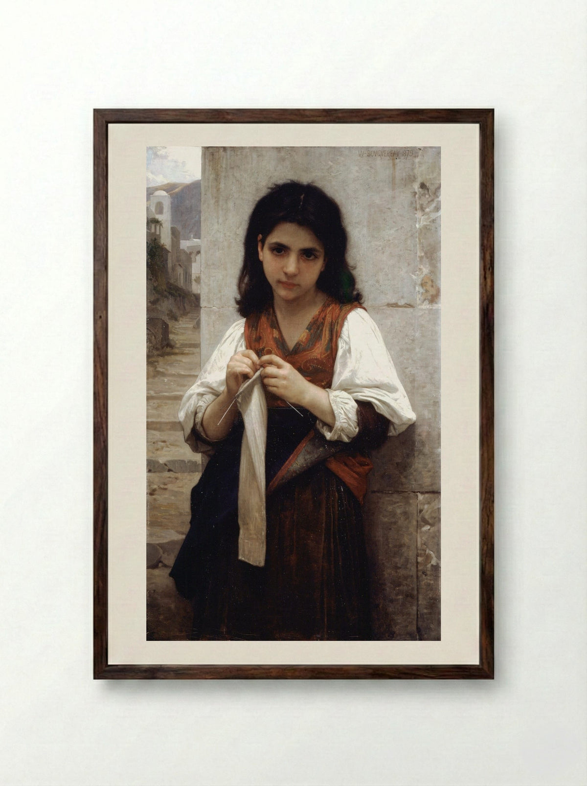 The Knitting Girl - William-Adolphe Bouguereau - Framed Print Dark Wood
