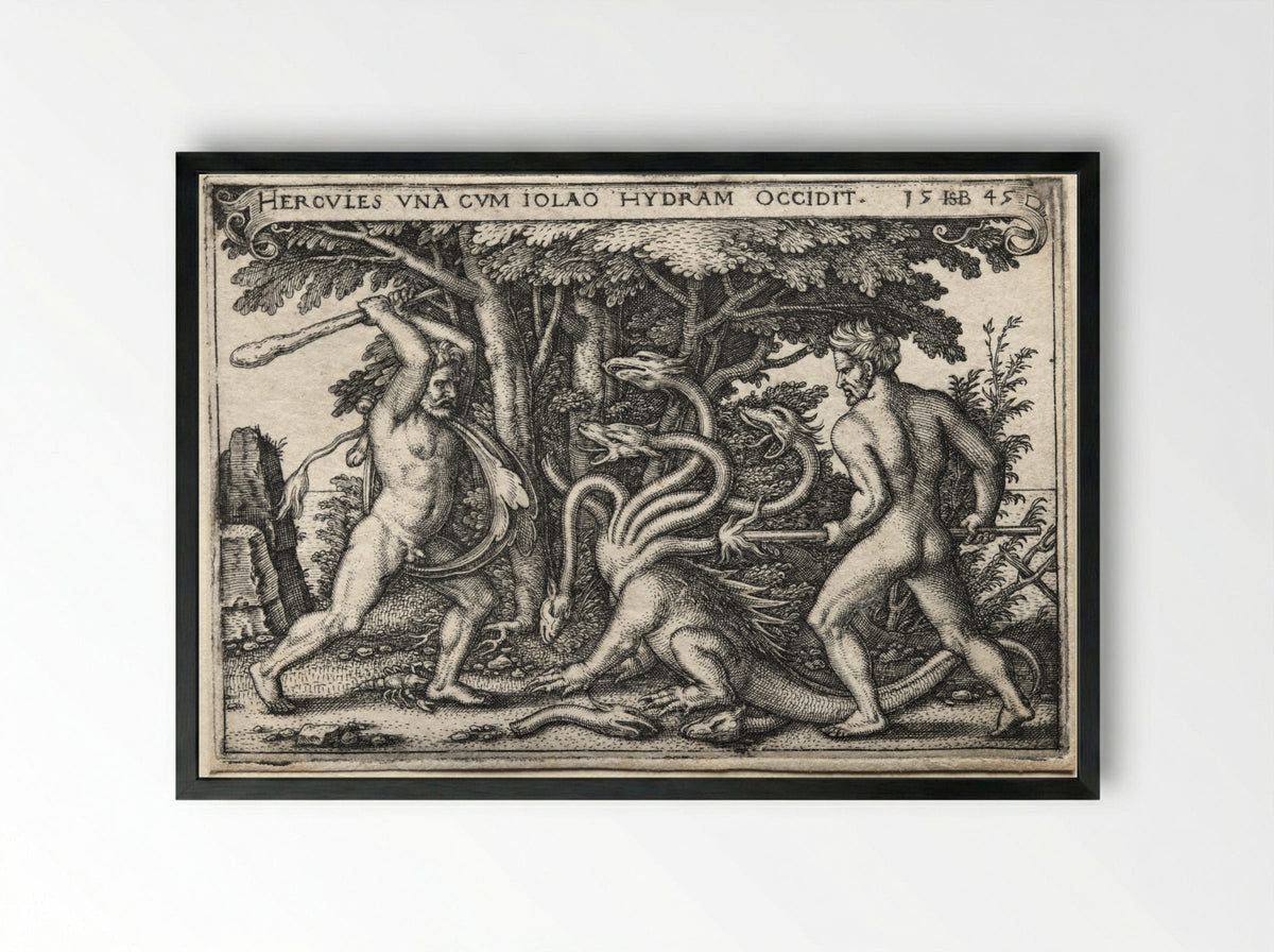The Labours of Hercules: Hercules and Iolaus Slaying the Hydra - Hans Sebald Beham - Framed Print Black