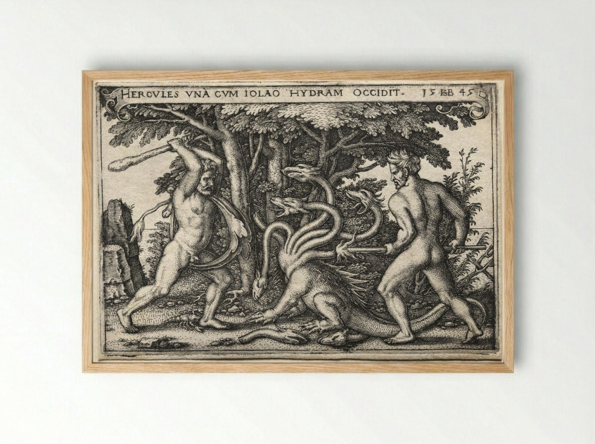 The Labours of Hercules: Hercules and Iolaus Slaying the Hydra - Hans Sebald Beham - Framed Print Wood