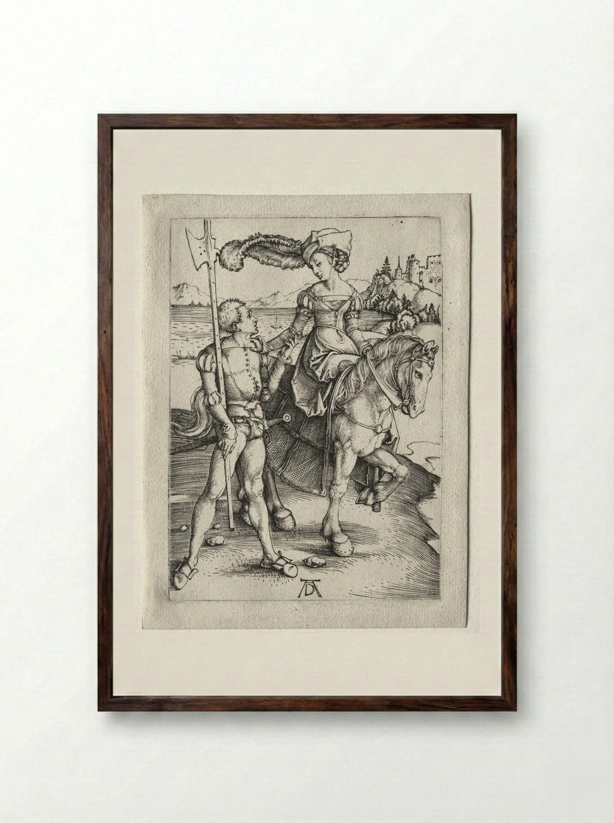 The Lady Riding and the Landsknecht - Albrecht Dürer - Framed Print Dark Wood