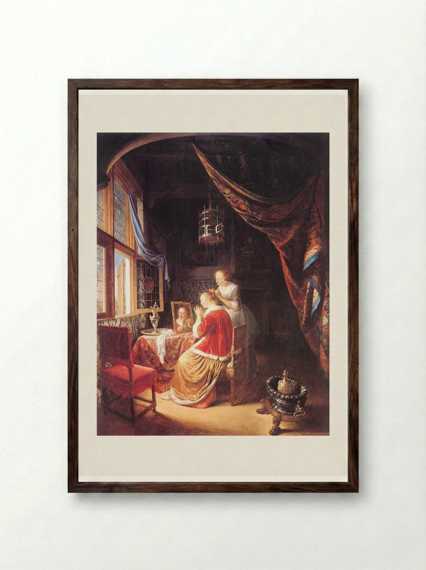 The Lady at Her Dressing Table - Gerrit Dou - Framed Print Dark Wood