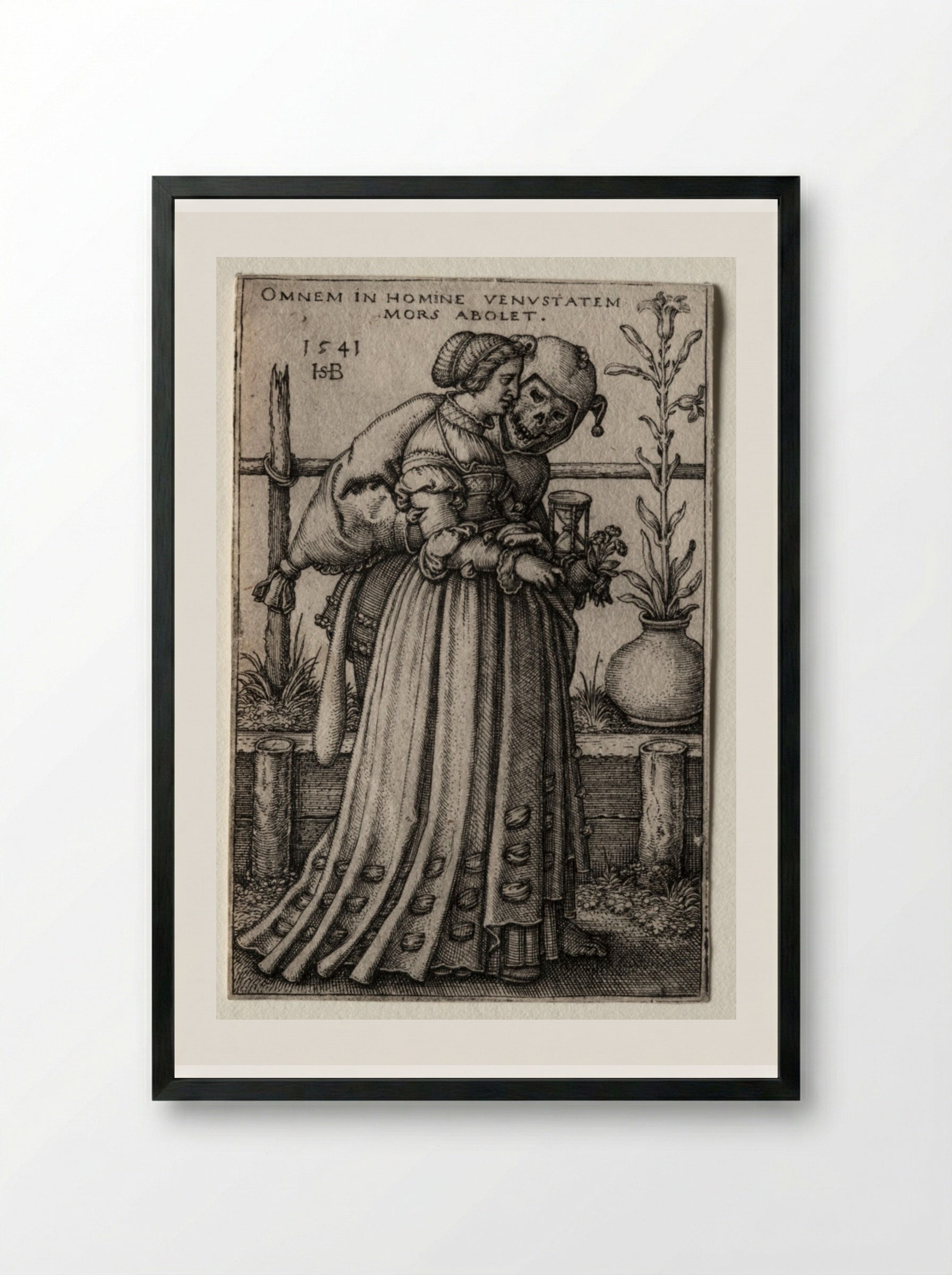 The Lady of Death Masquerading as a Fool - Hans Sebald Beham - Framed Print Black