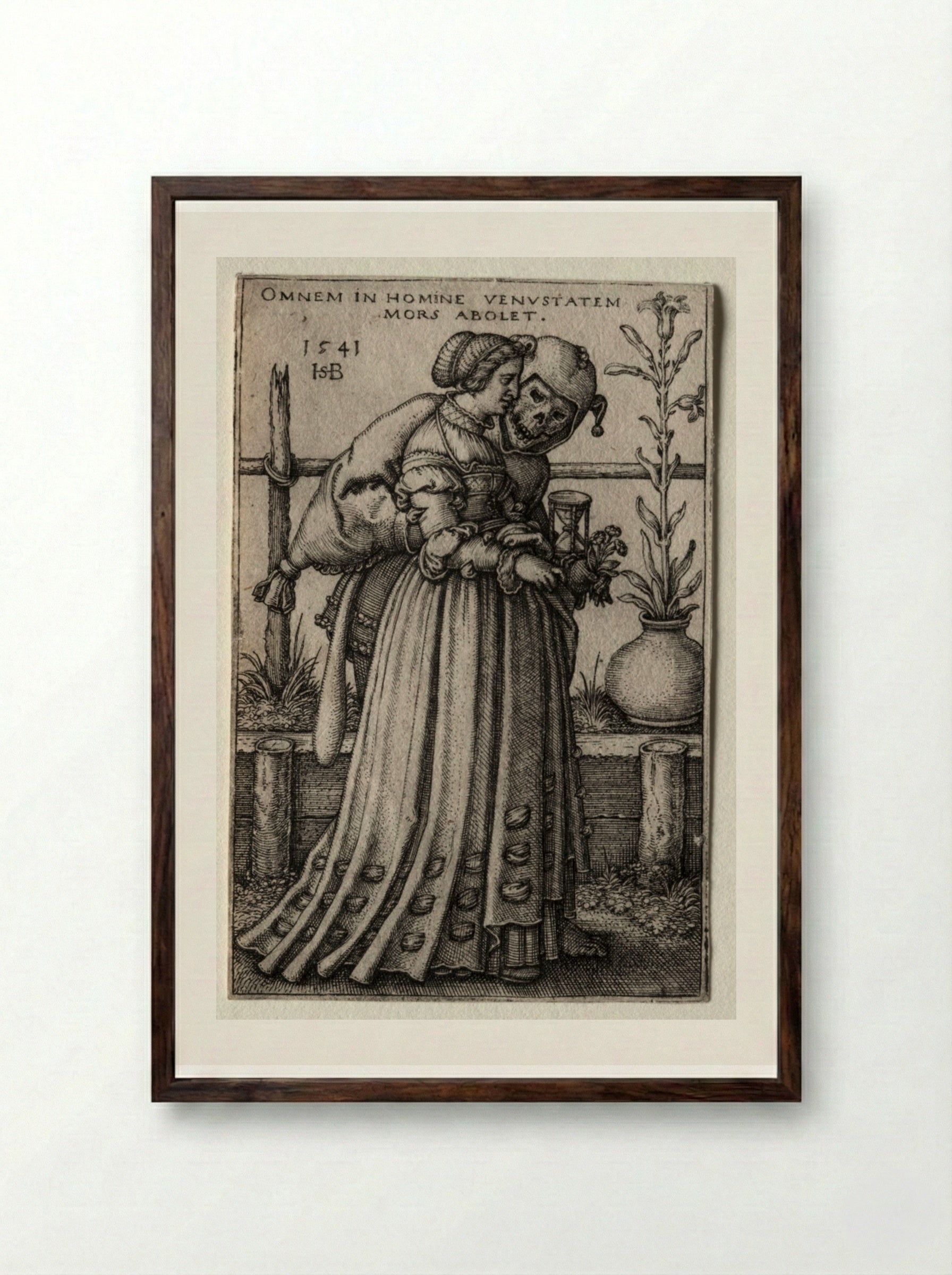 The Lady of Death Masquerading as a Fool - Hans Sebald Beham - Framed Print Dark Wood