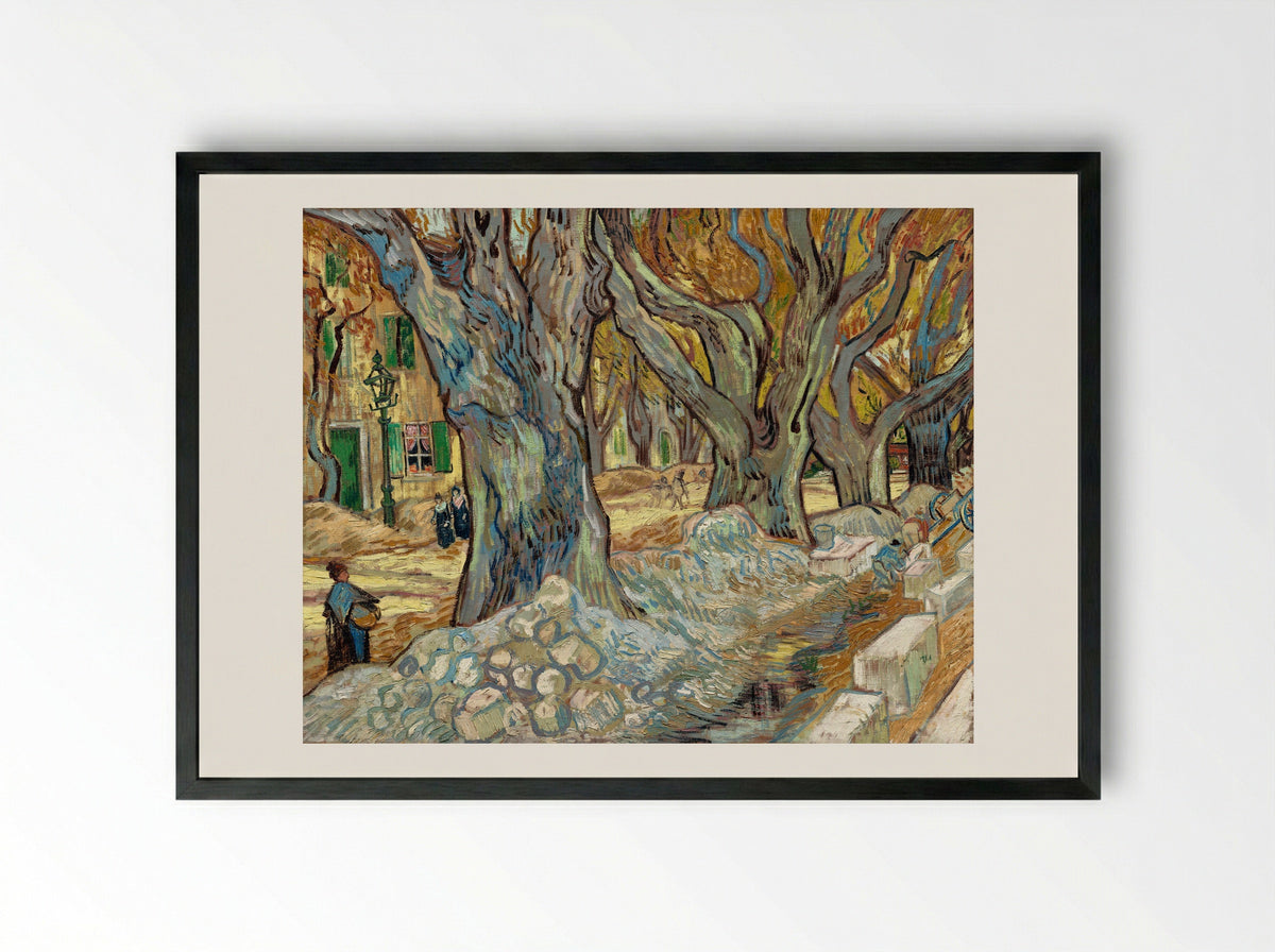 The Large Plane Trees (Road Menders at Saint-Rémy) - Vincent van Gogh - Framed Print Black