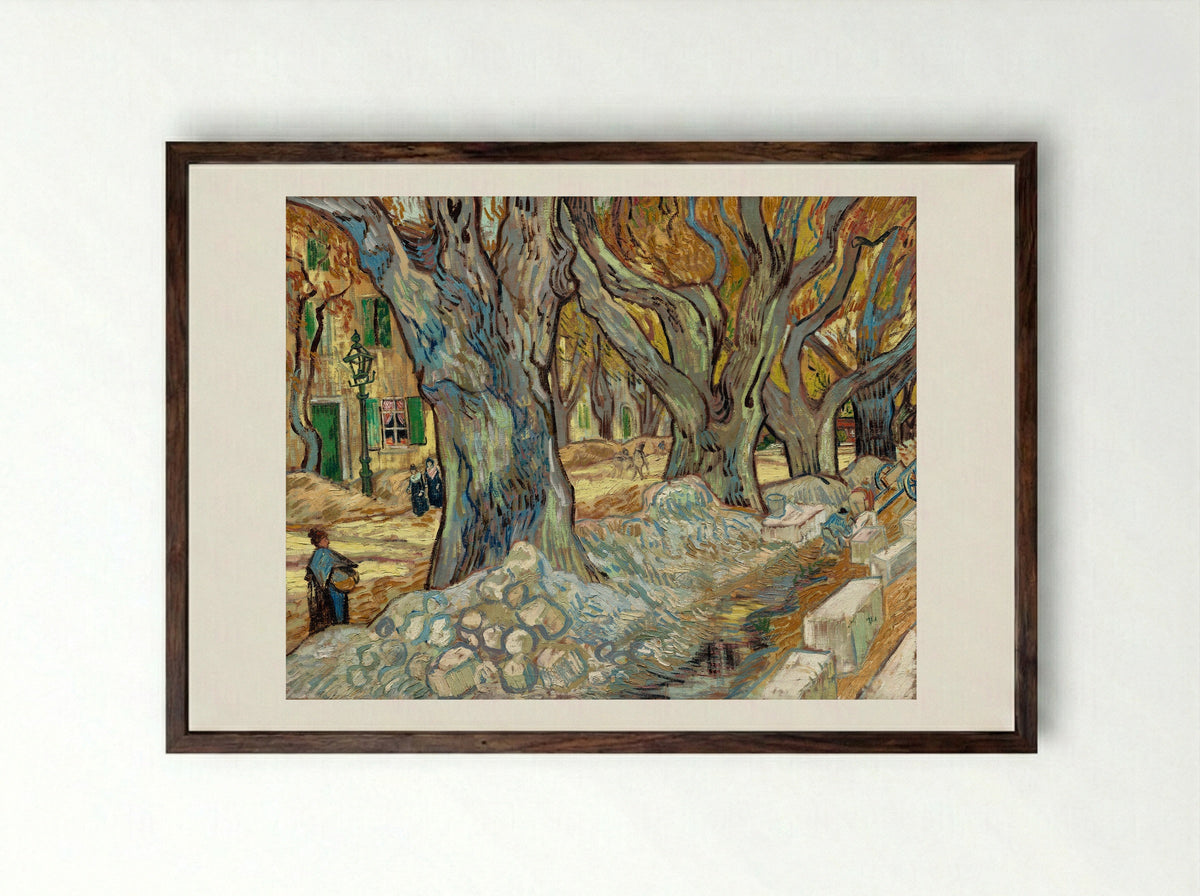 The Large Plane Trees (Road Menders at Saint-Rémy) - Vincent van Gogh - Framed Print Dark Wood