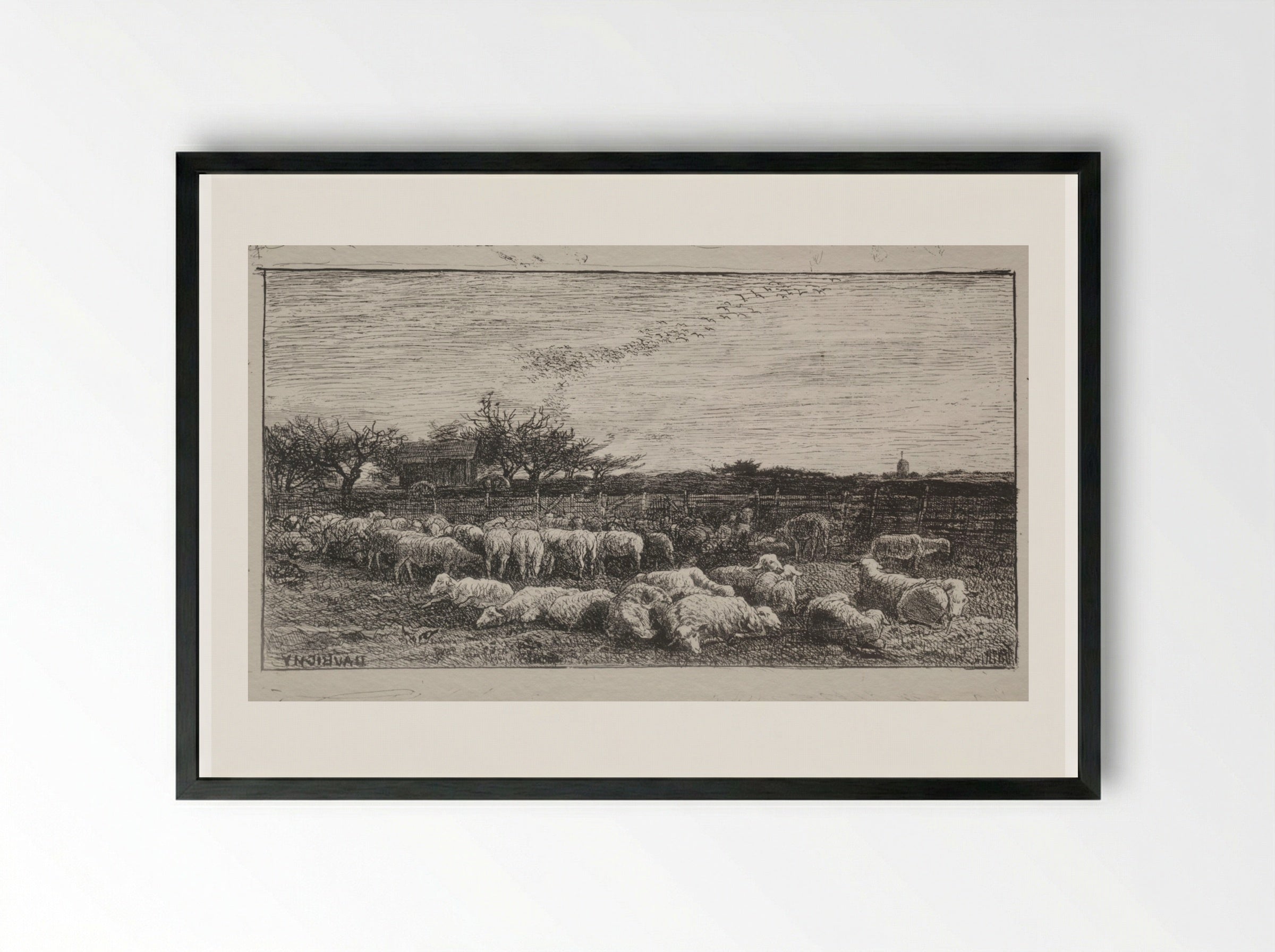 The Large Sheepfold - Charles François Daubigny - Framed Print Black