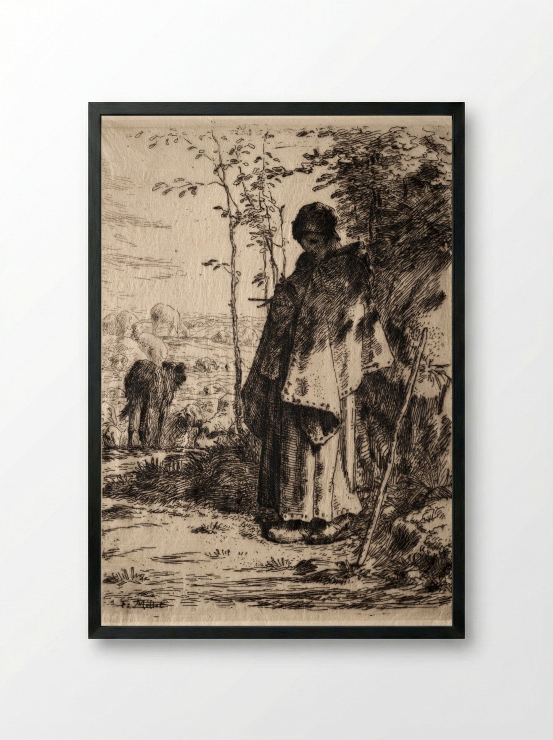 The Large Shepherdess - Jean-François Millet - Framed Print Black