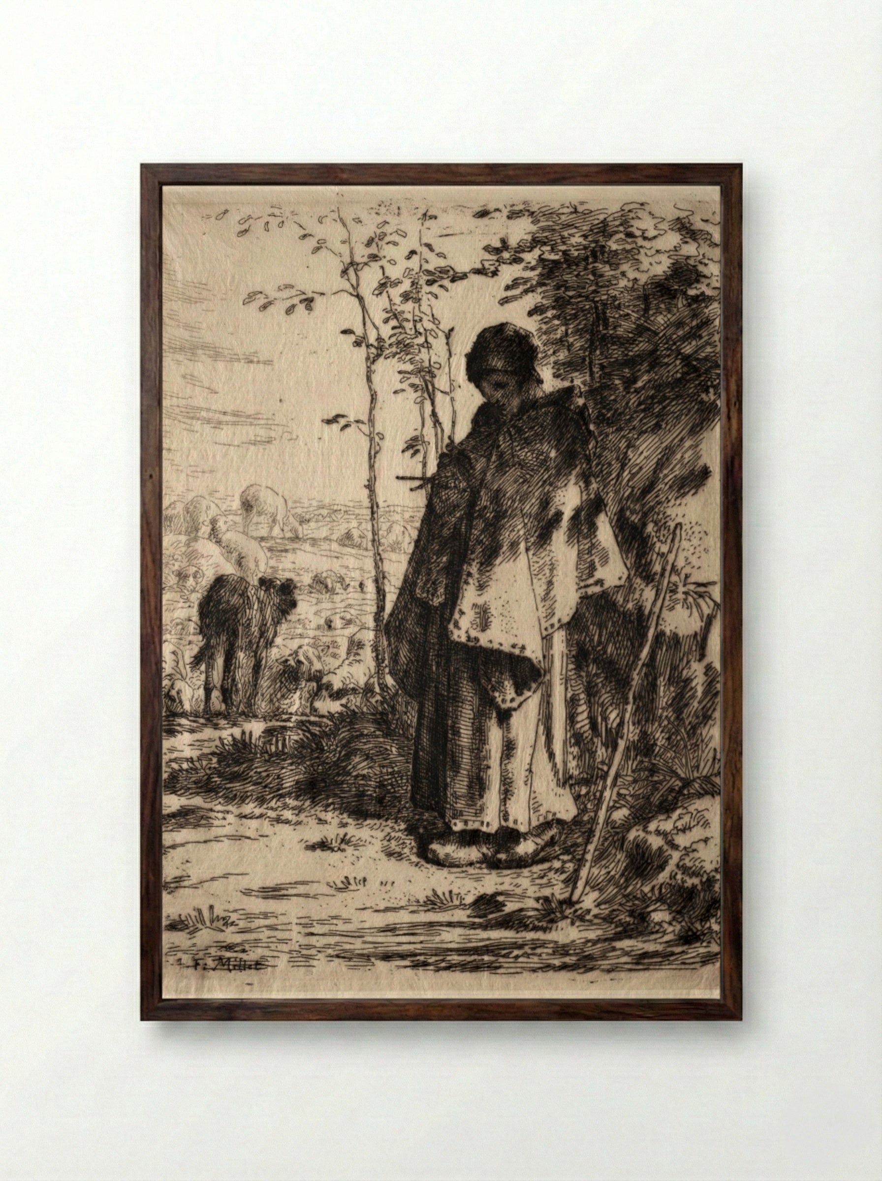 The Large Shepherdess - Jean-François Millet - Framed Print Dark Wood