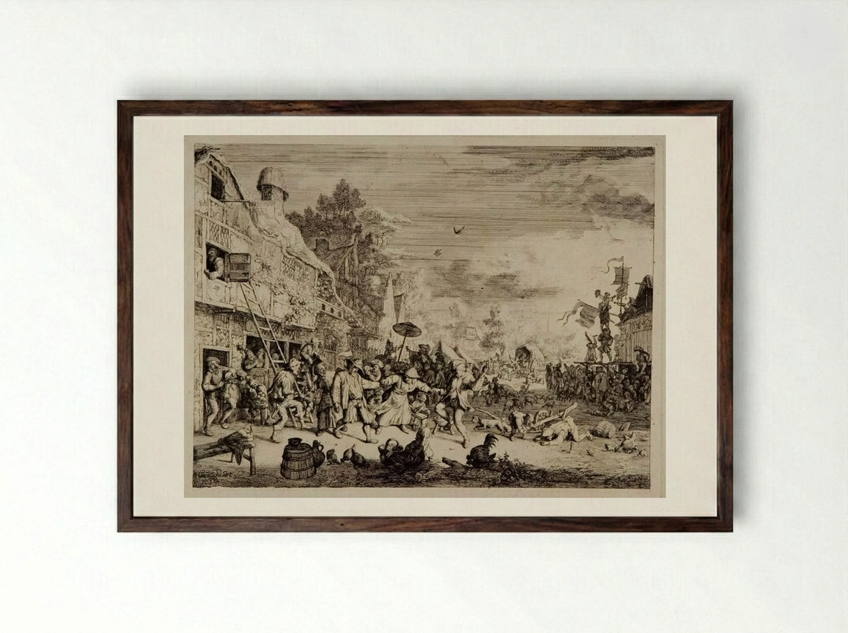 The Large Village Fair - Cornelis Dusart - Framed Print Dark Wood