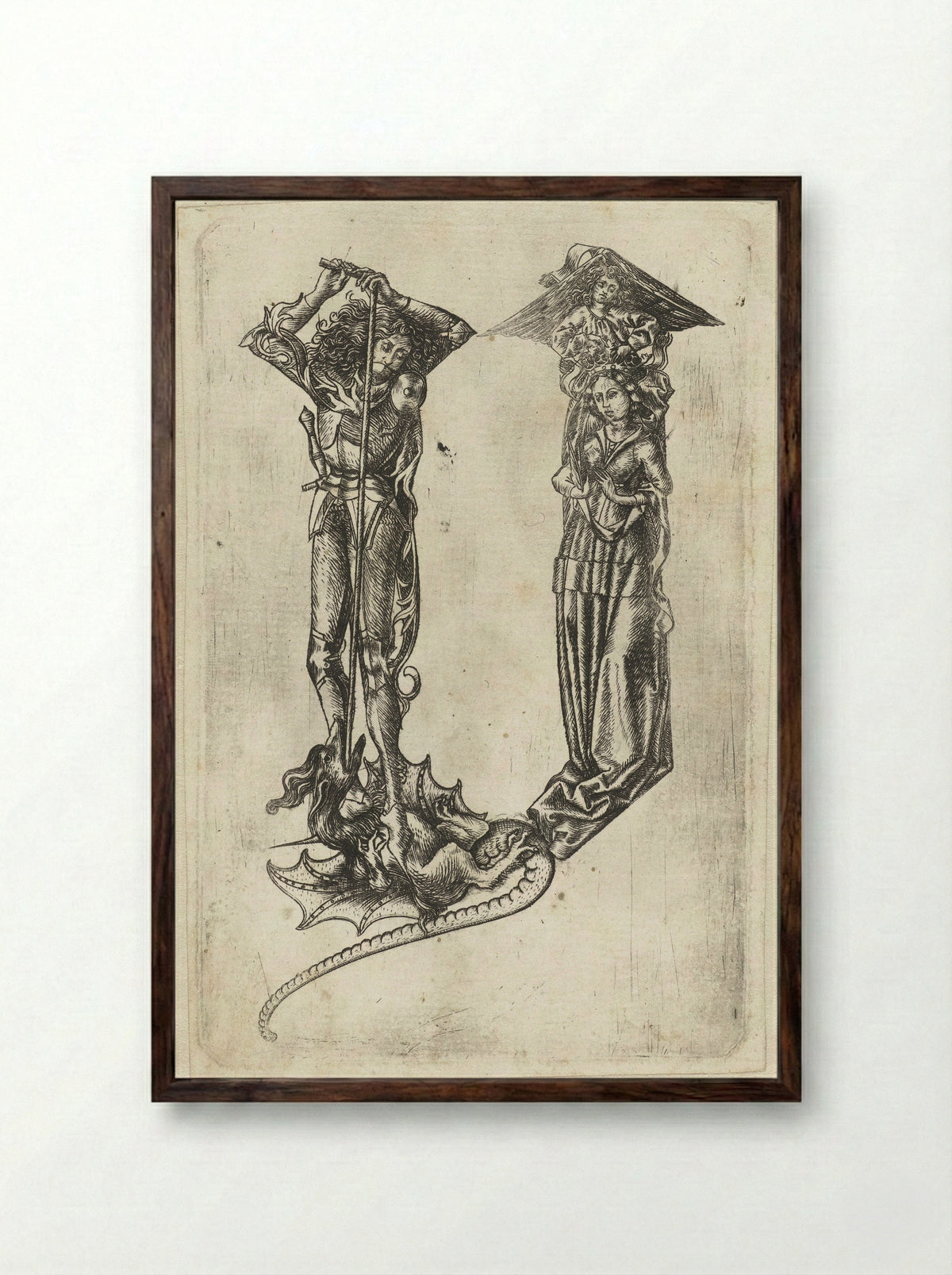 The Letter Y with Saint George and the Dragon - Master E.S. - Framed Print Dark Wood