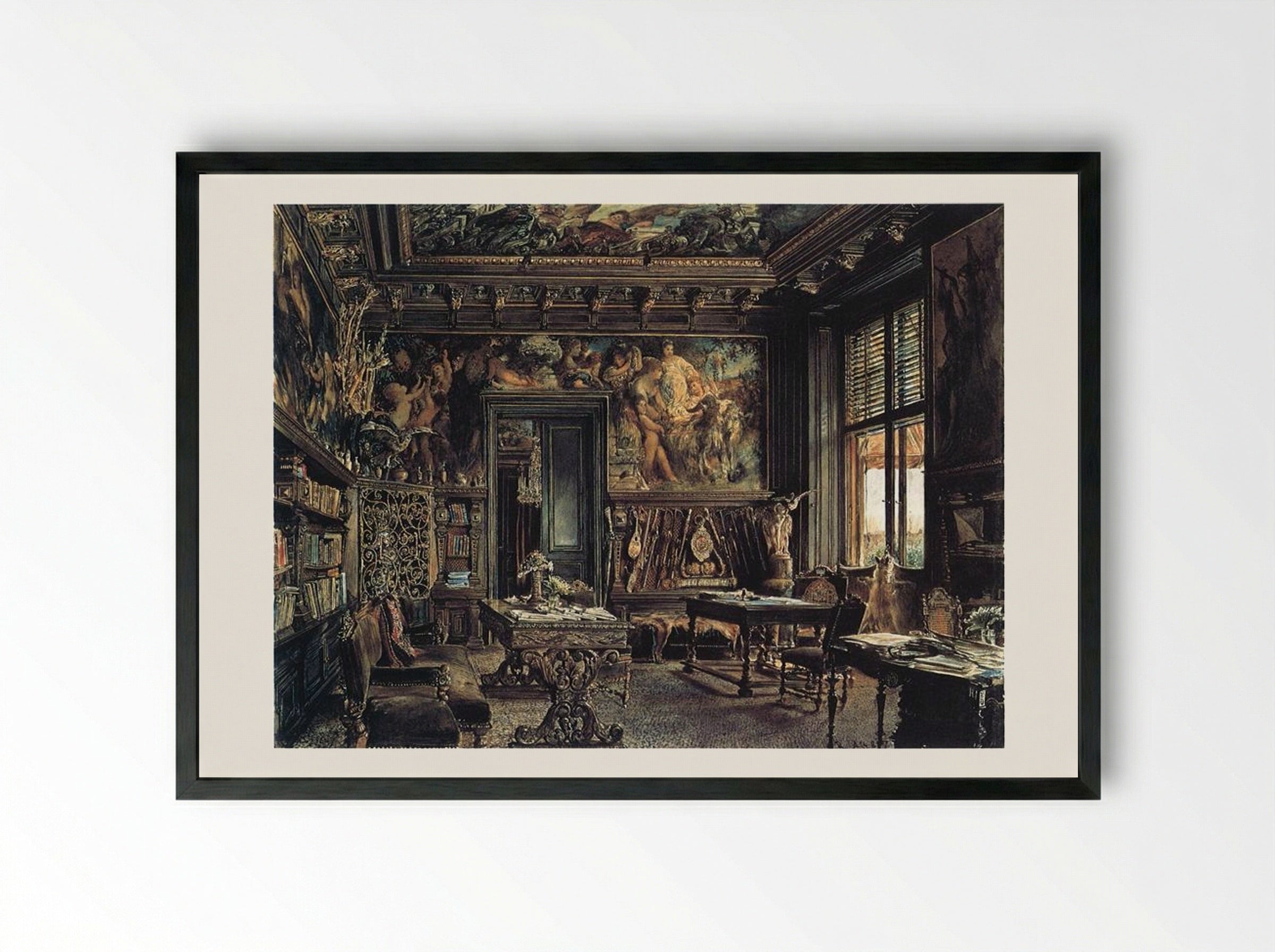 The Library in the Palais Dumba - Rudolf von Alt - Framed Print Black