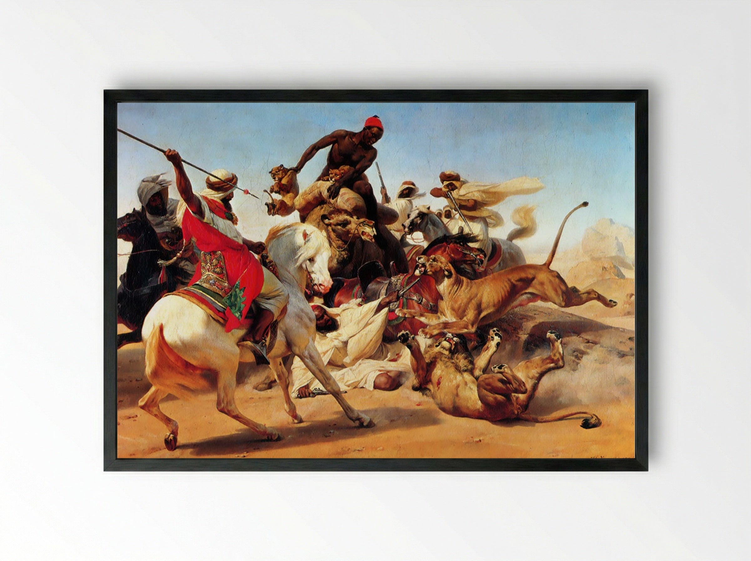 The Lion Hunt - Horace Vernet - Framed Print Black