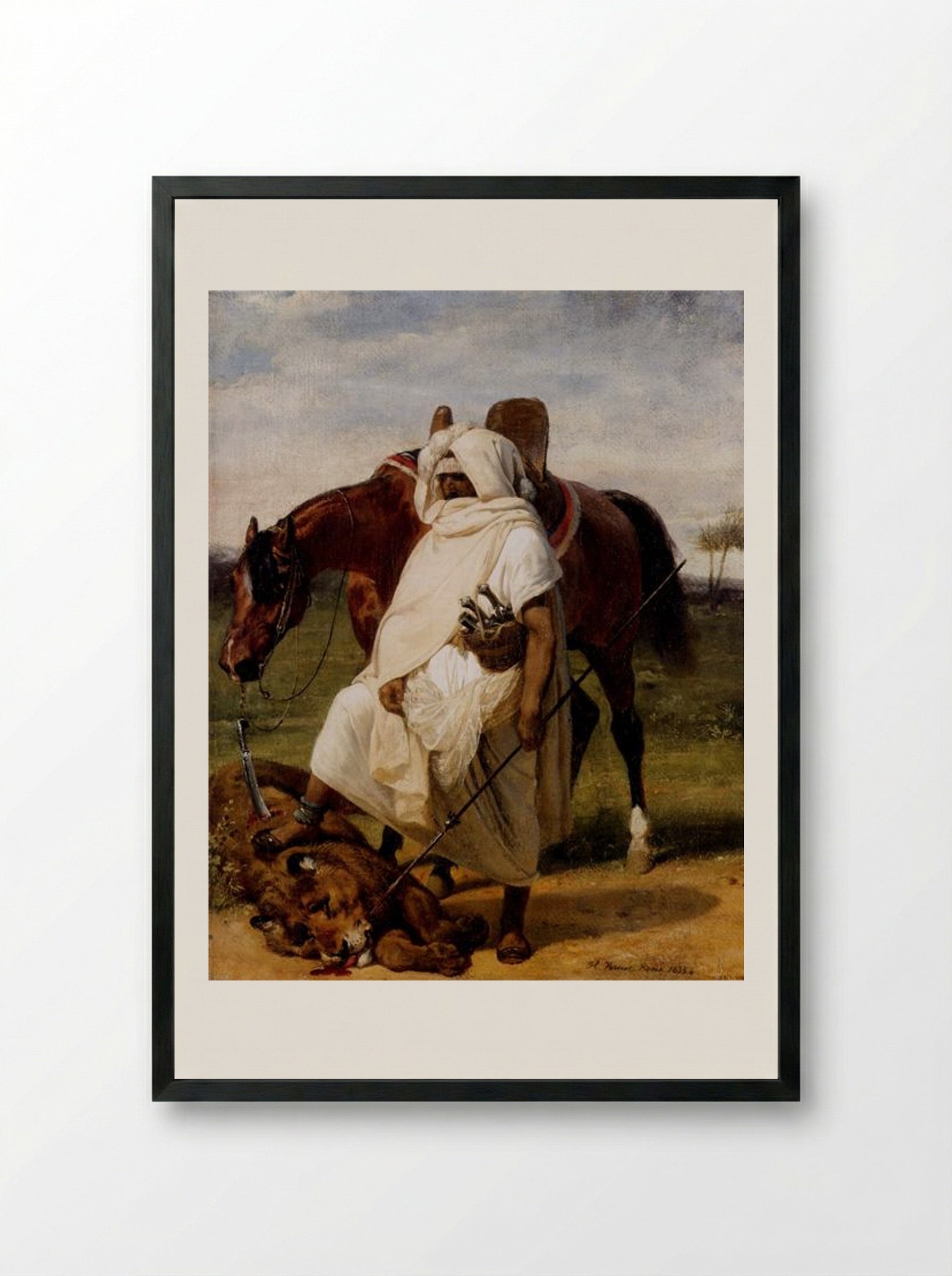 The Lion Hunter - Horace Vernet - Framed Print Black