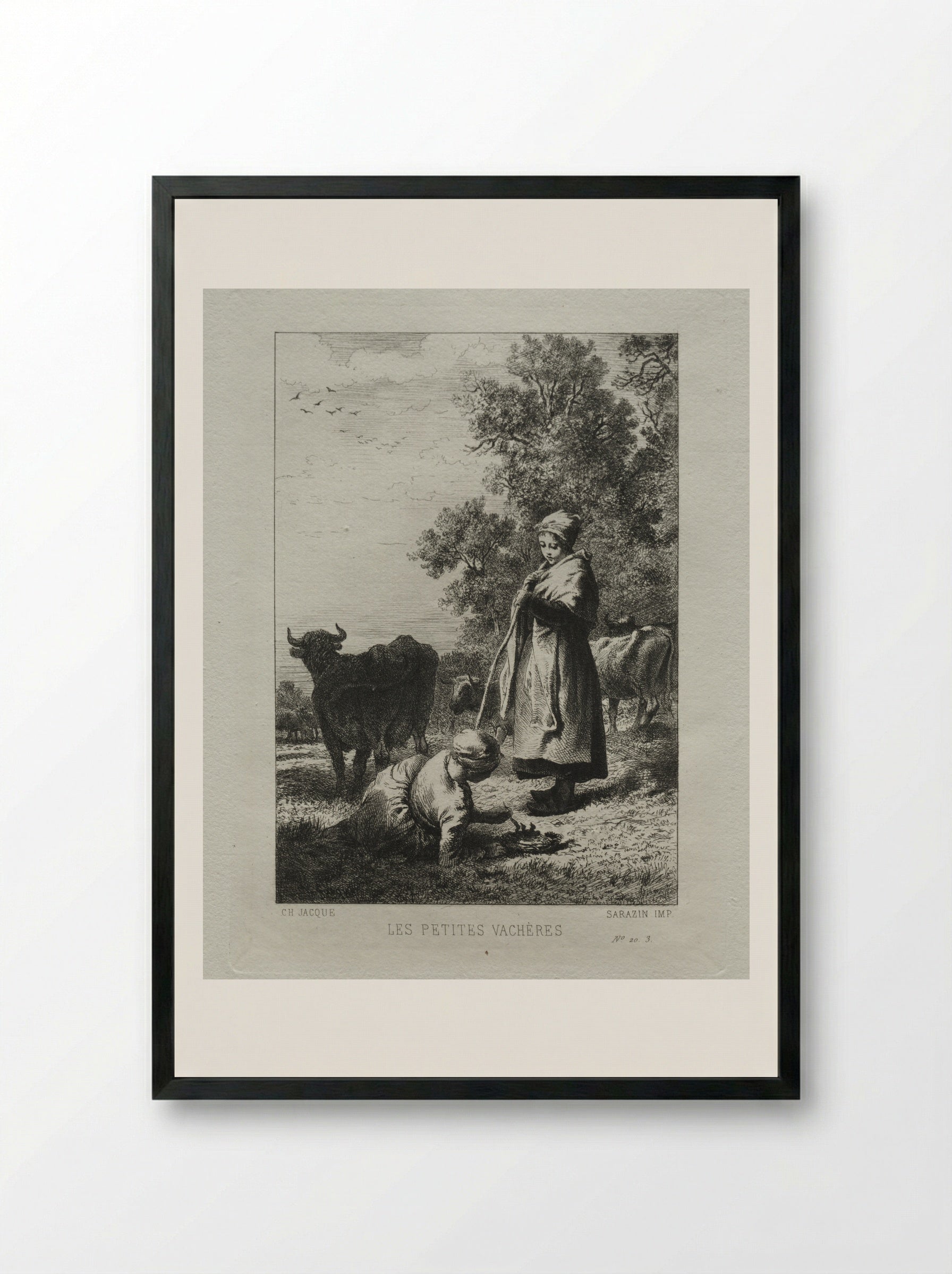 The Little Cowherds - Charles-Émile Jacque - Framed Print Black