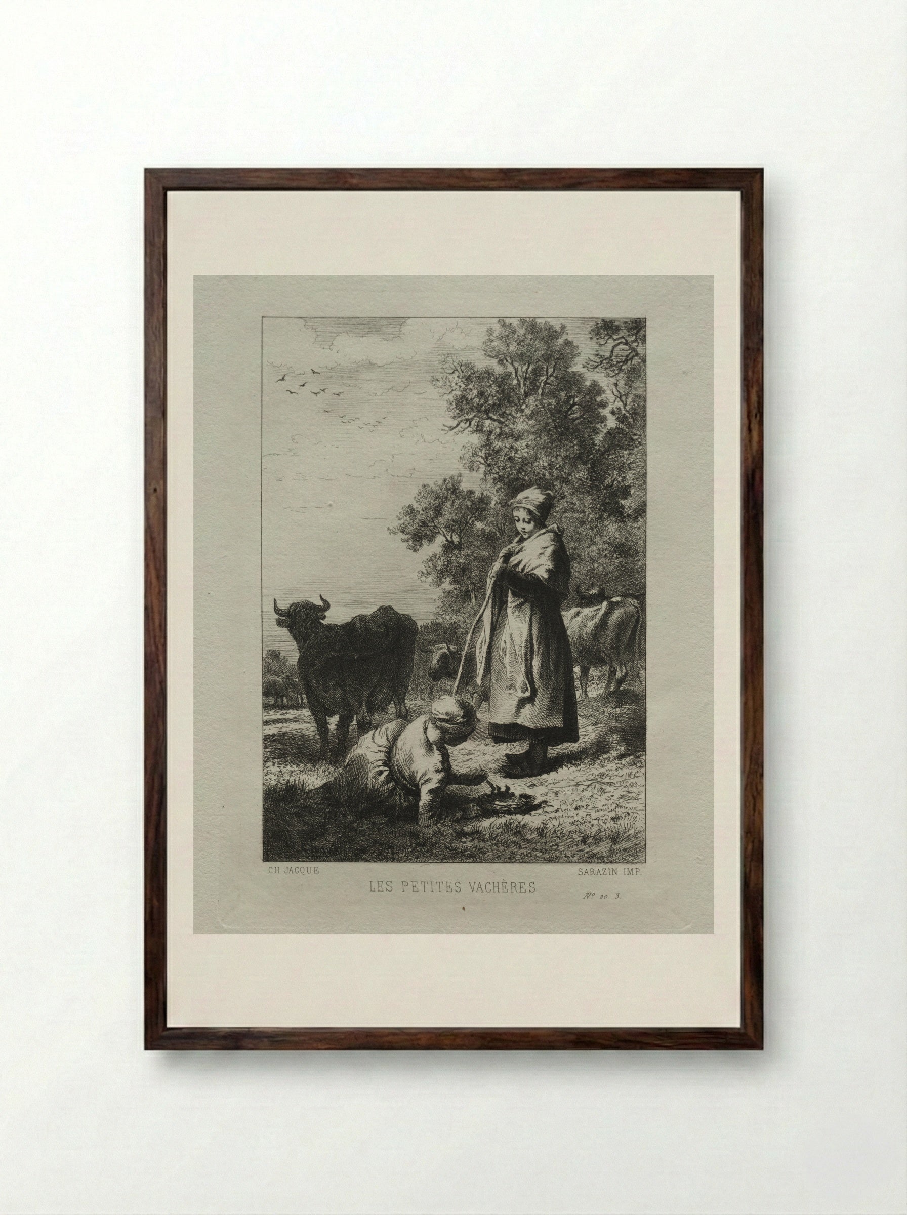 The Little Cowherds - Charles-Émile Jacque - Framed Print Dark Wood