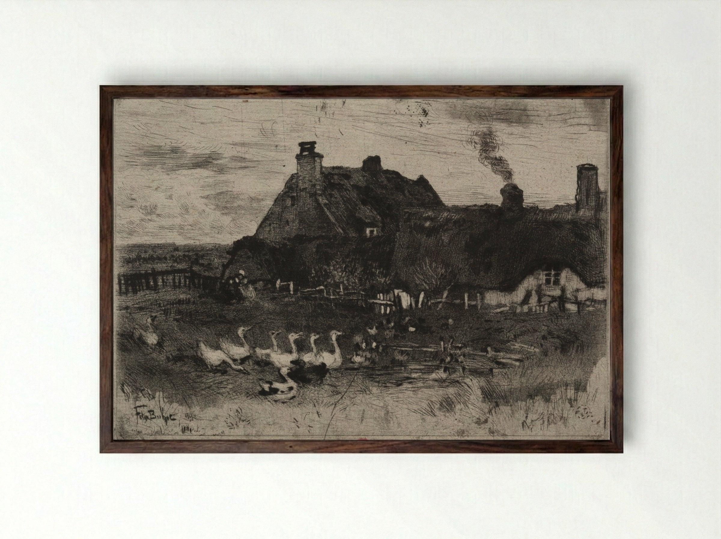 The Little Thatched Cottages - Félix Hilaire Buhot - Framed Print Dark Wood
