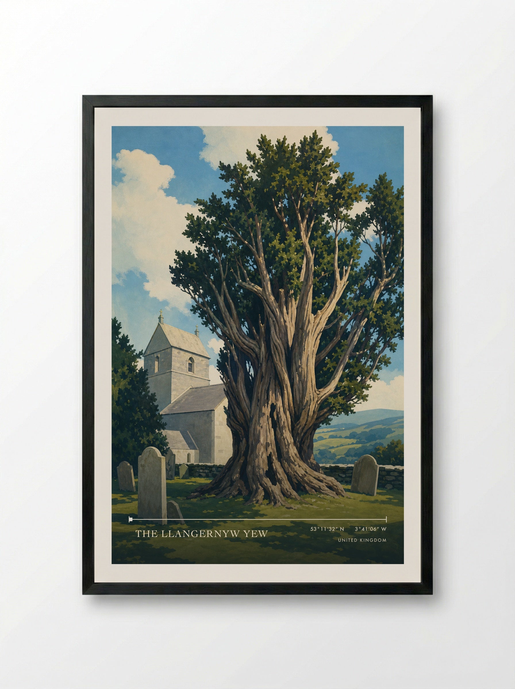 The Llangernyw Yew United Kingdom Travel Poster - Framed Print Black