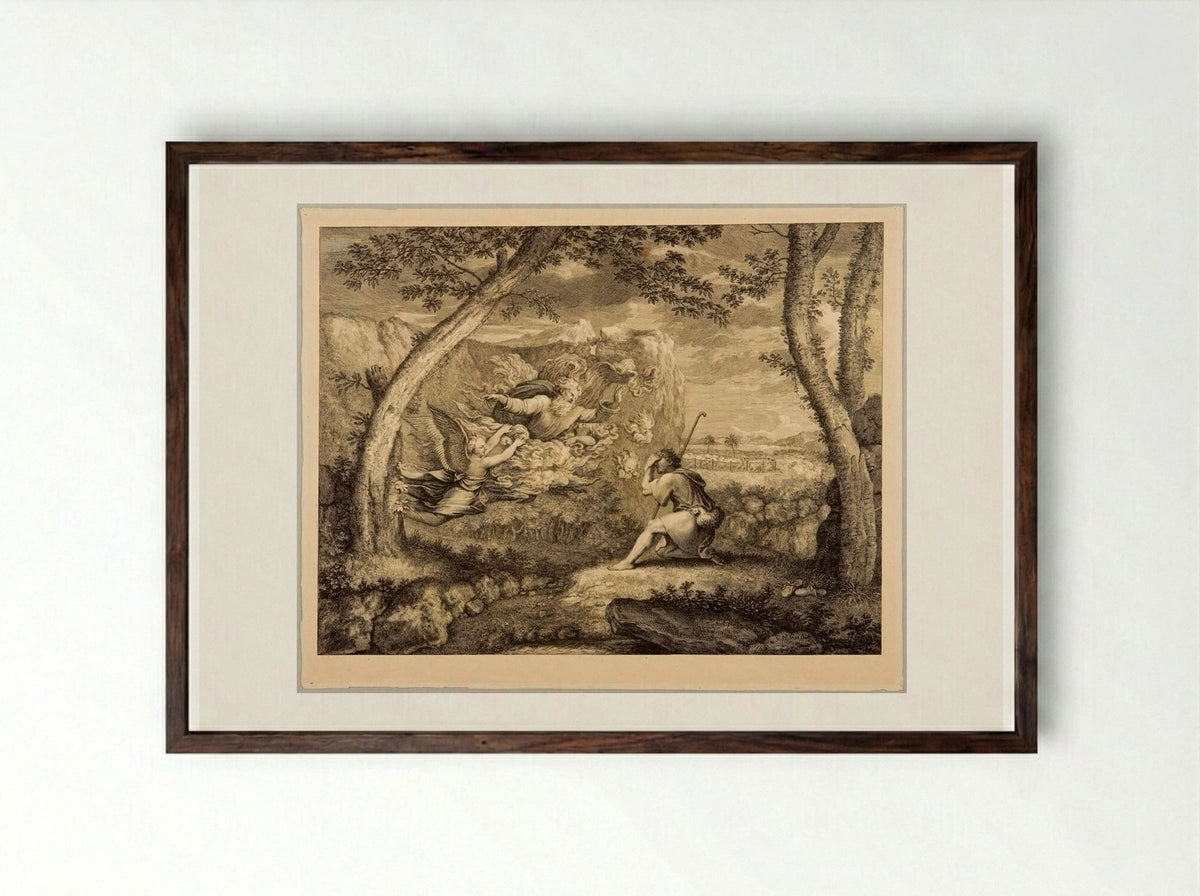 The Lord Speaking to Moses from the Burning Bush - Gérard Audran - Framed Print Dark Wood