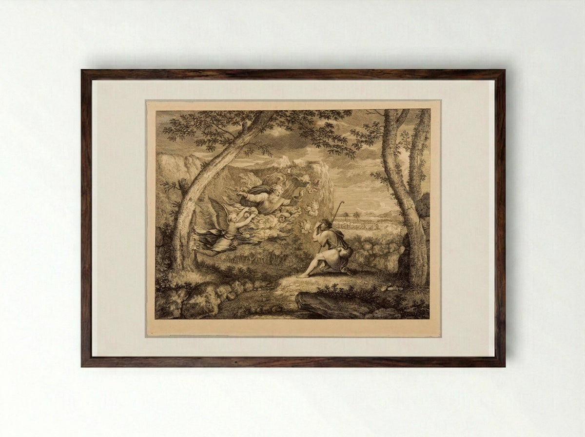 The Lord Speaking to Moses from the Burning Bush - Gérard Audran - Framed Print Dark Wood