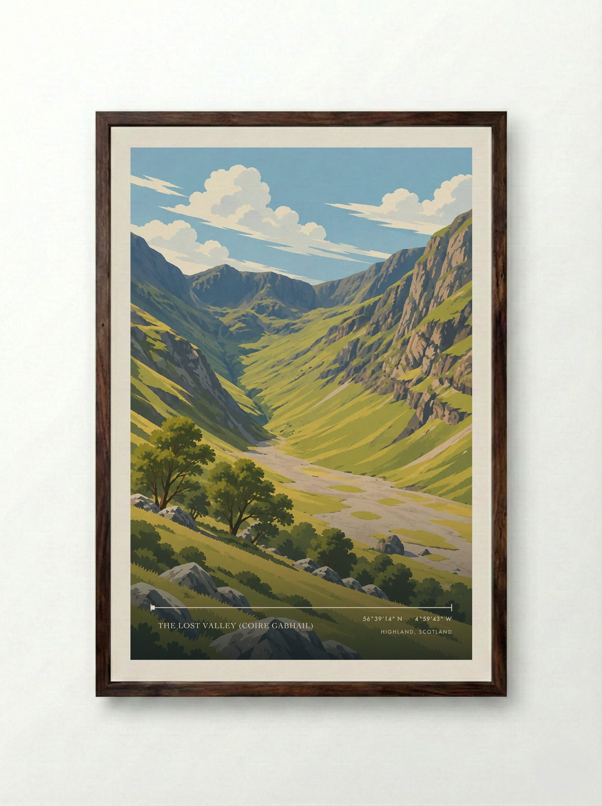 The Lost Valley (Coire Gabhail), Highland, Scotland | Travel Poster - Framed Print Dark Wood