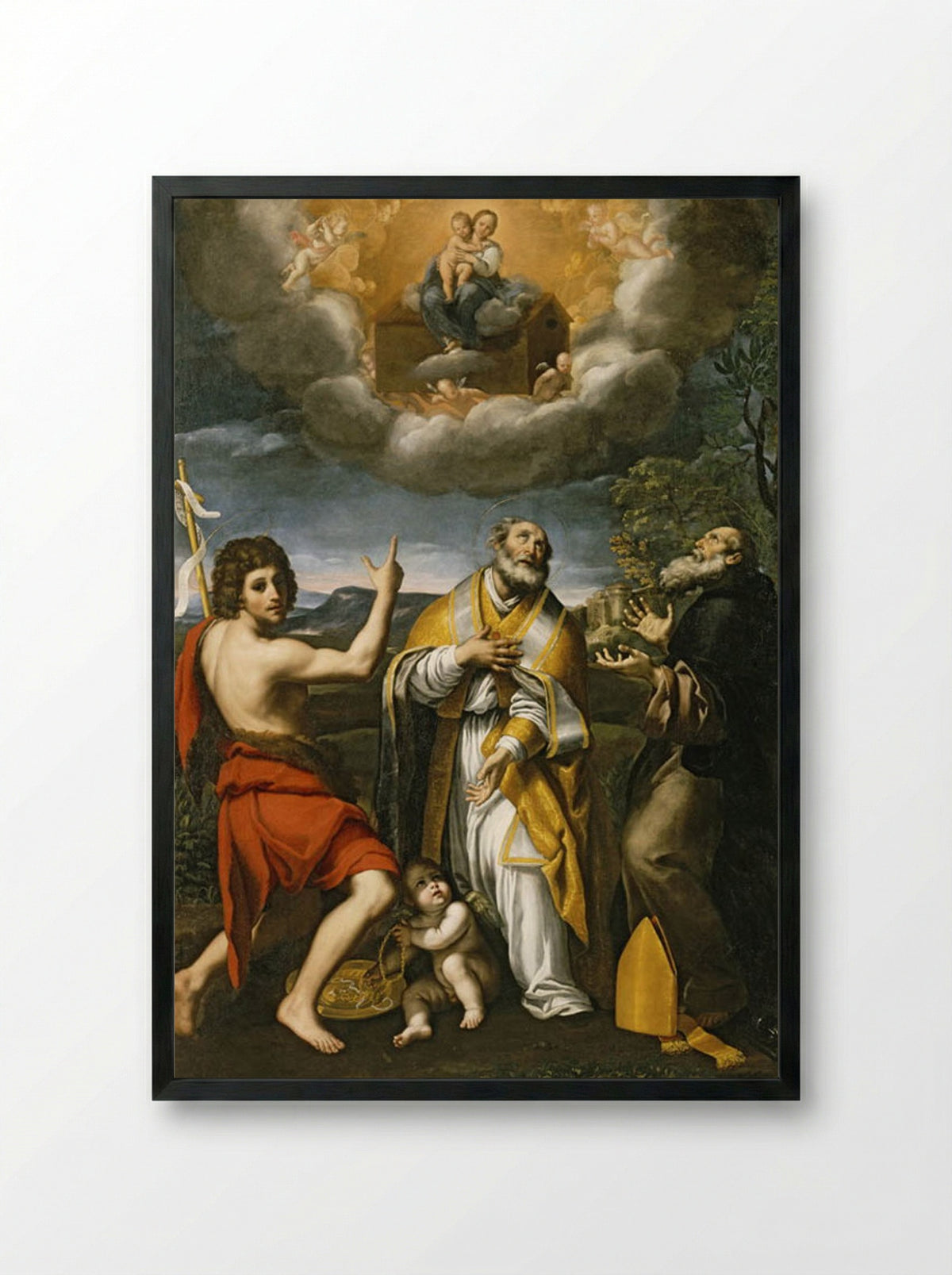 The Madonna of Loreto Appearing to St. John the Baptist, St. Eligius, and St. Anthony Abbot - Domenichino - Framed Print Black