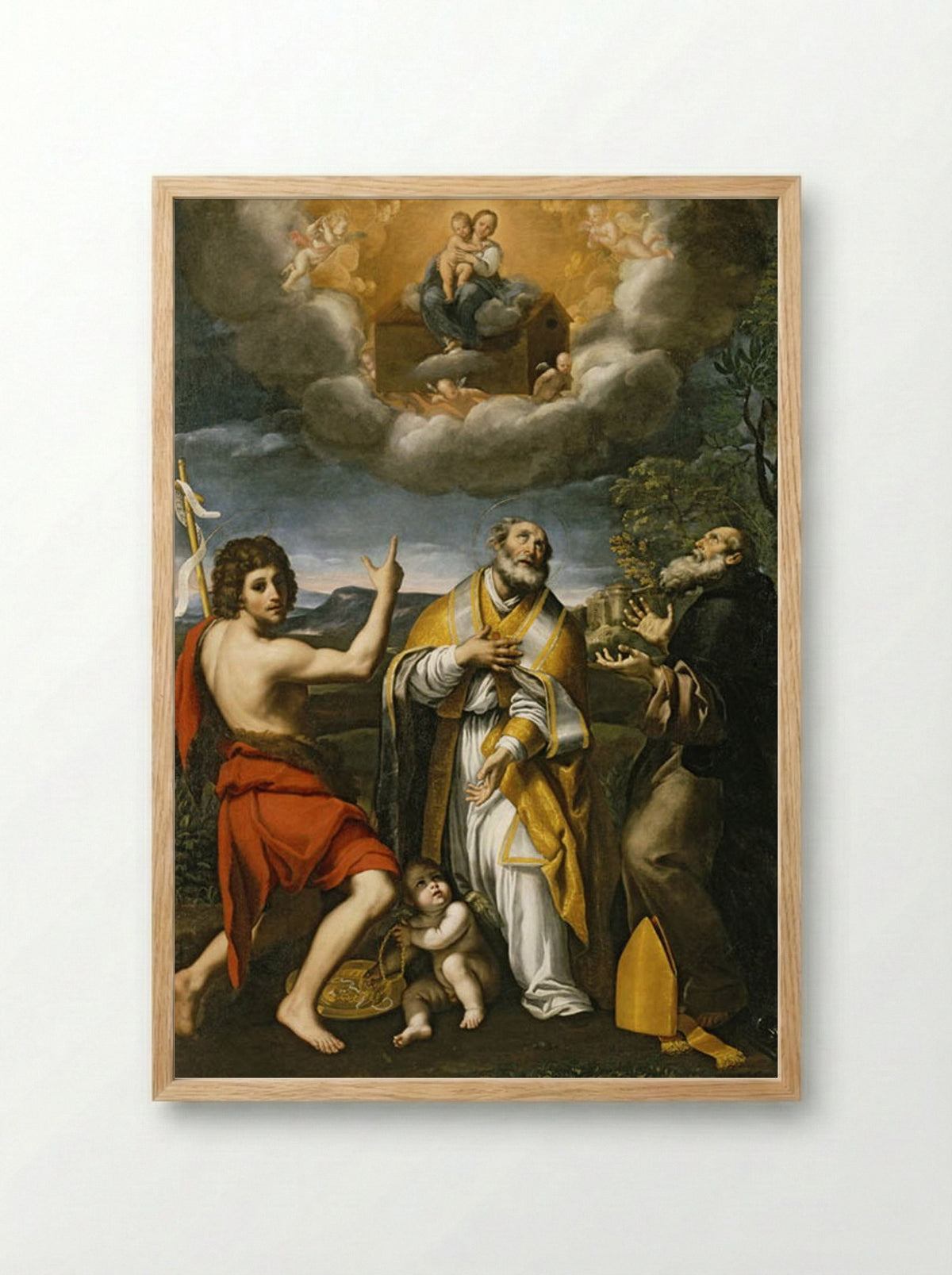 The Madonna of Loreto Appearing to St. John the Baptist, St. Eligius, and St. Anthony Abbot - Domenichino - Framed Print Wood