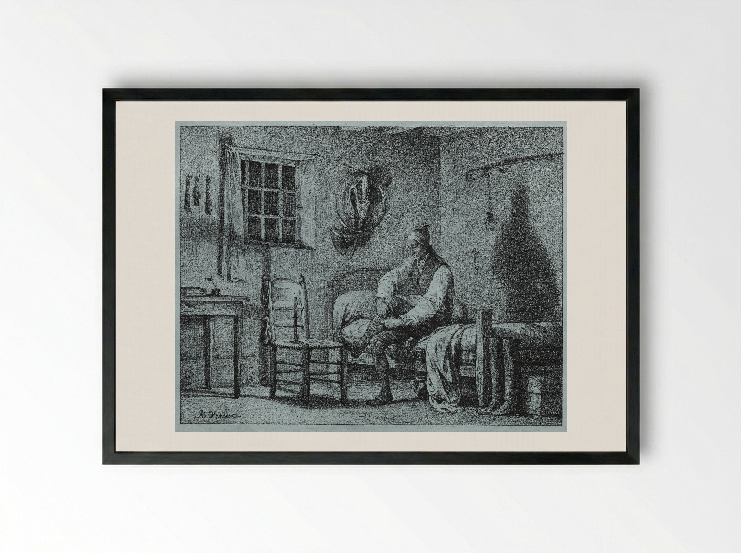The Man-Servant of Limier Rising from Bed - Horace Vernet - Framed Print Black
