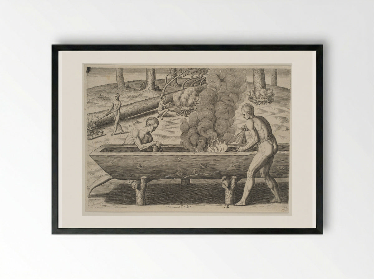 The Manner of Making their Boats - Theodor de Bry - Framed Print Black