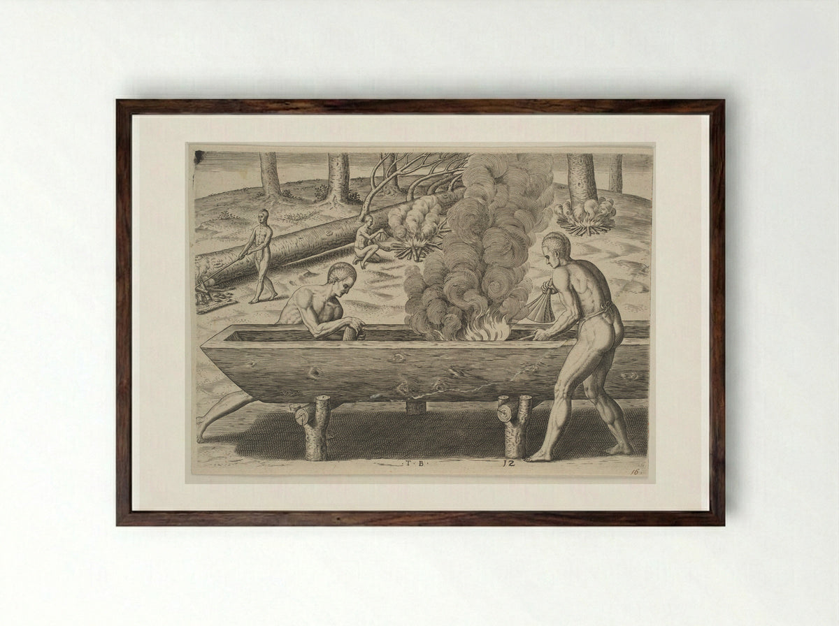The Manner of Making their Boats - Theodor de Bry - Framed Print Dark Wood
