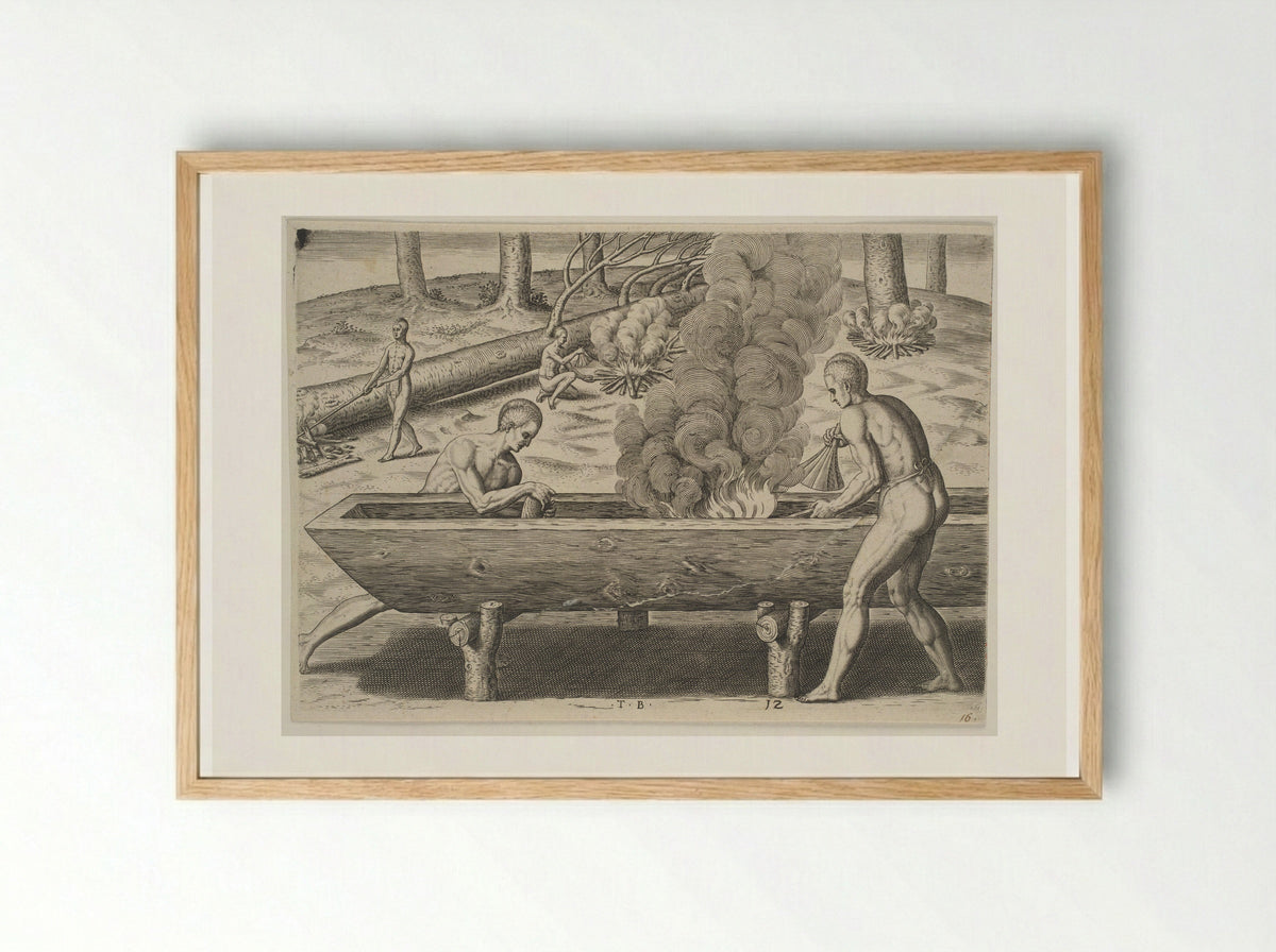 The Manner of Making their Boats - Theodor de Bry - Framed Print Wood