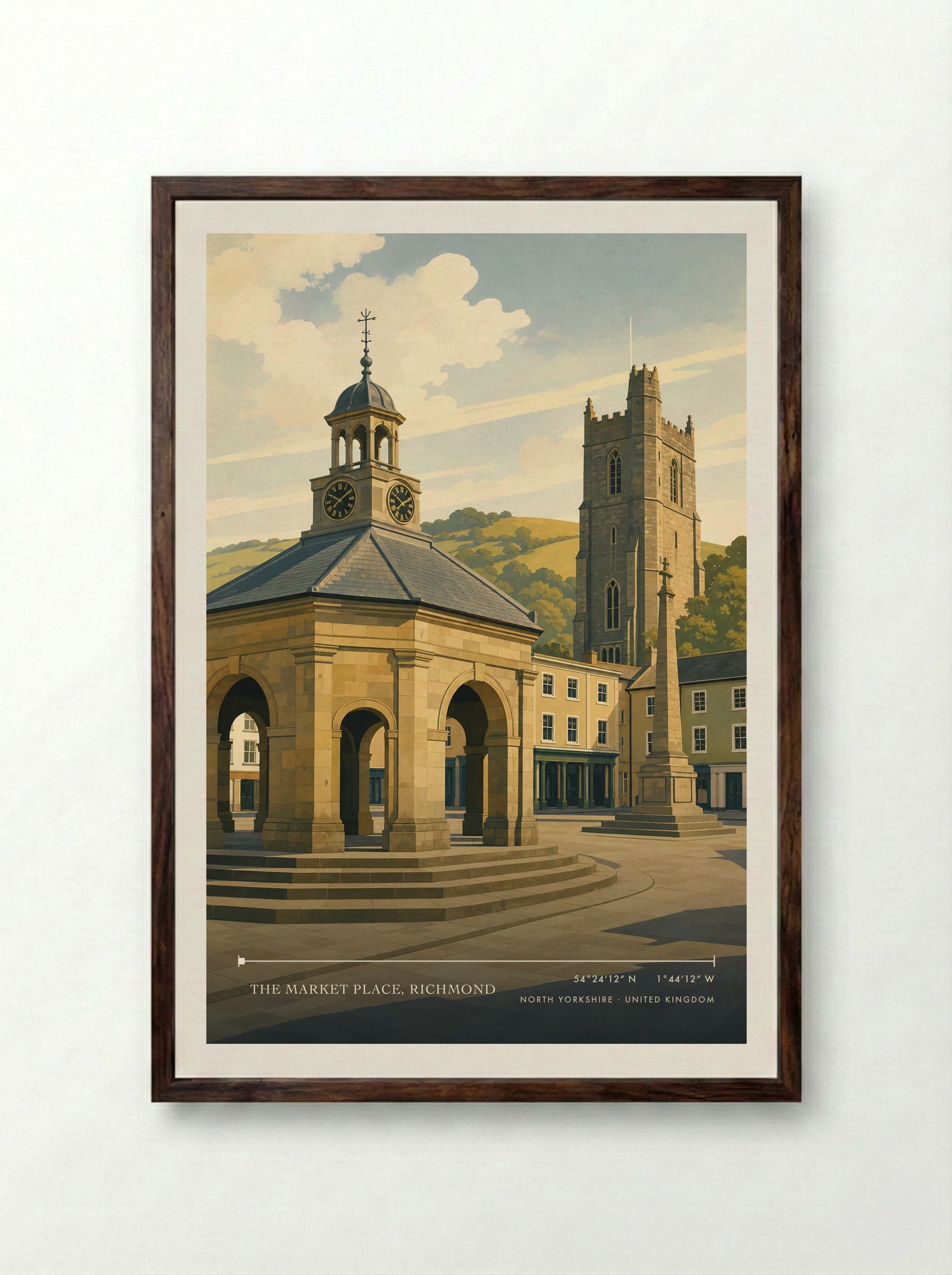 The Market Place, Richmond North Yorkshire United Kingdom Travel Poster - Framed Print Dark Wood