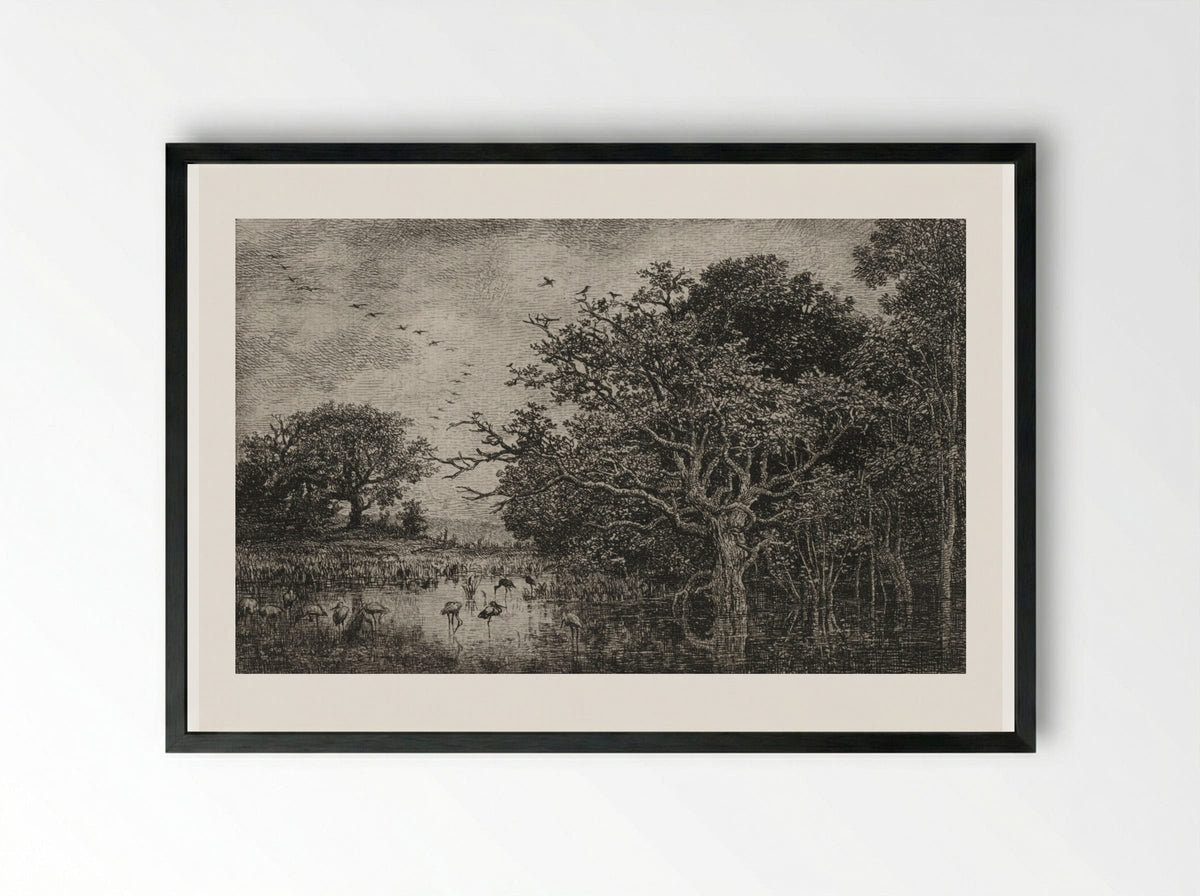 The Marsh with Storks - Charles François Daubigny - Framed Print Black