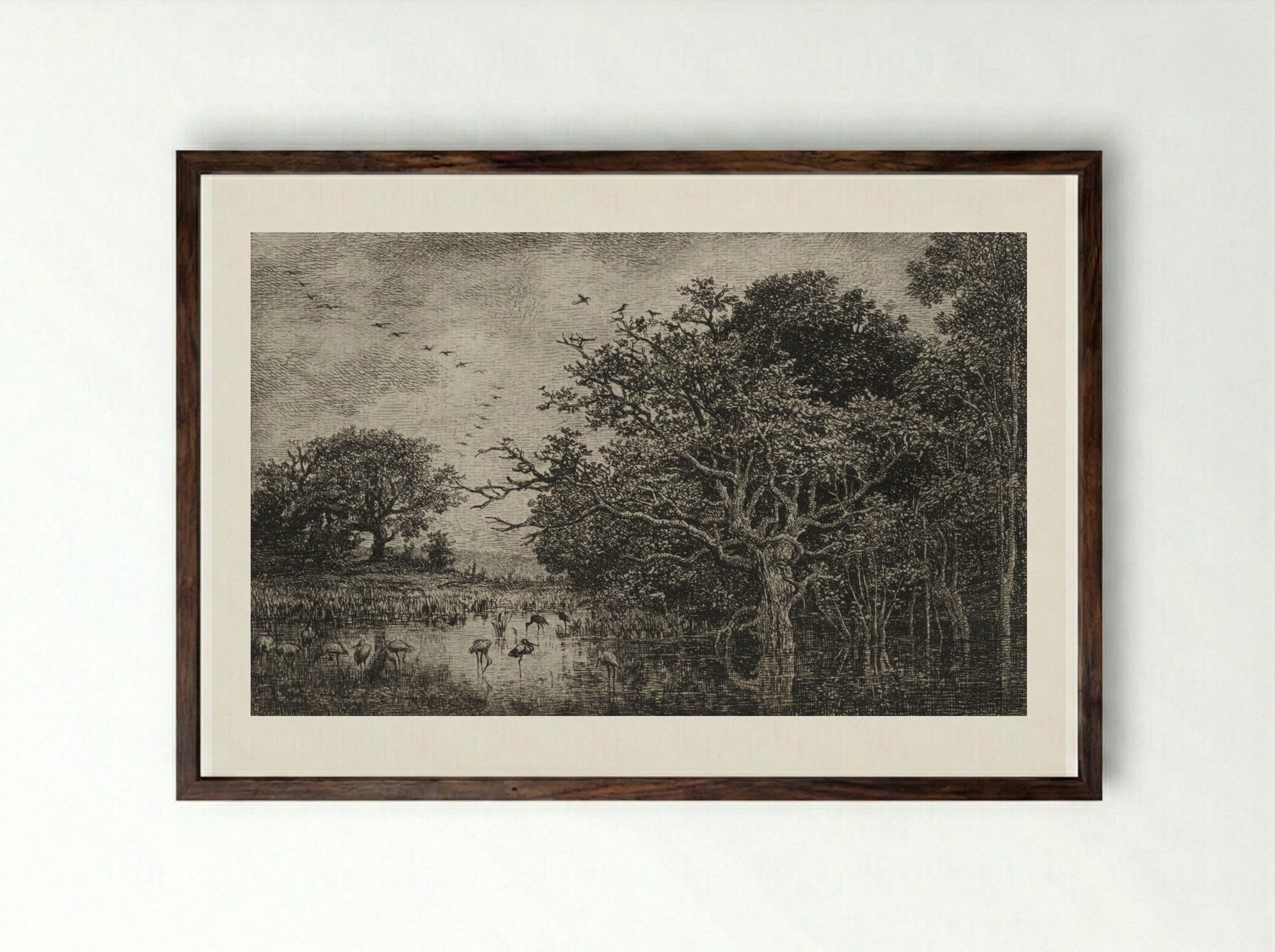 The Marsh with Storks - Charles François Daubigny - Framed Print Dark Wood