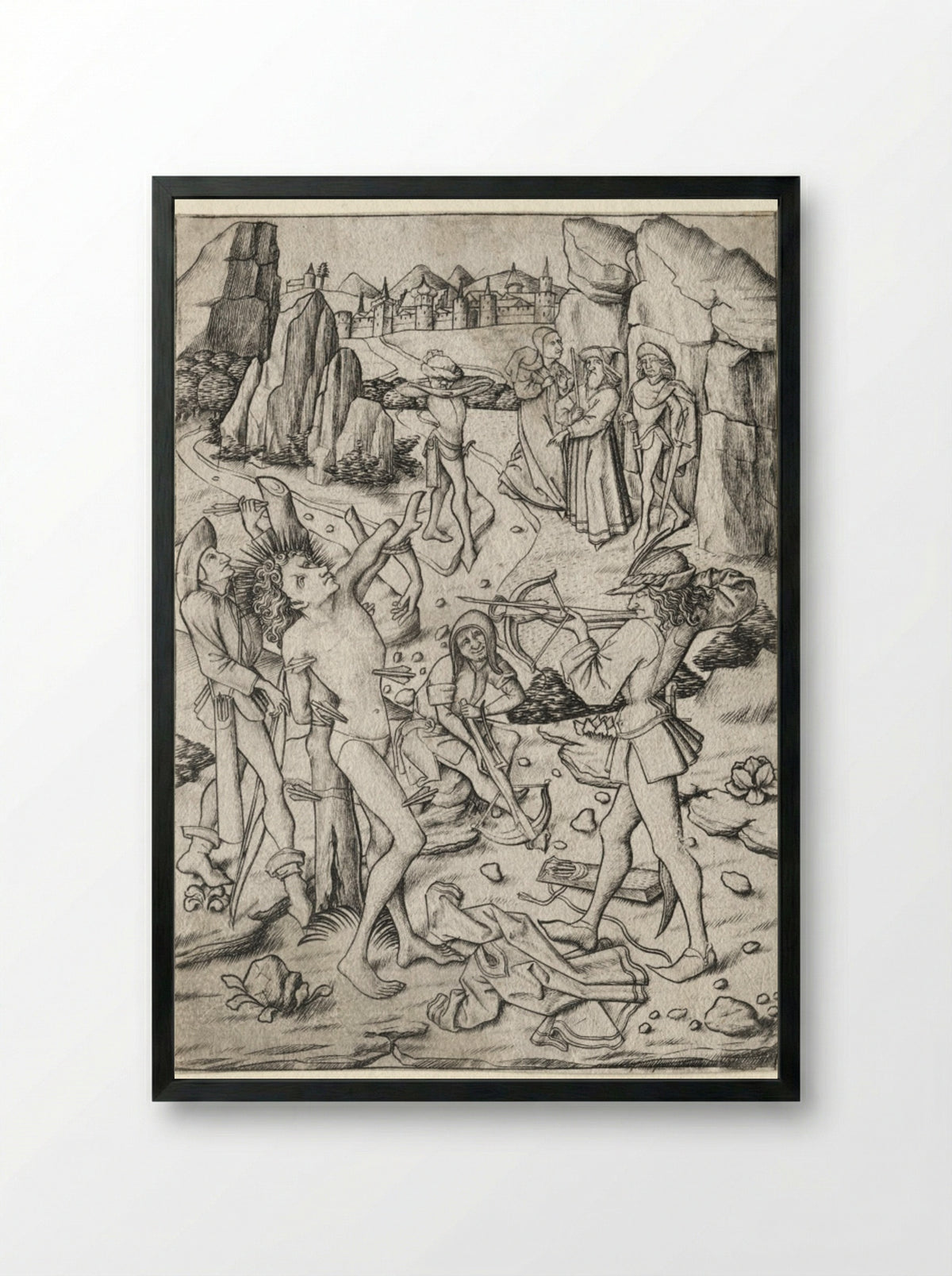 The Martyrdom of St. Sebastian - Master ES - Framed Print Black