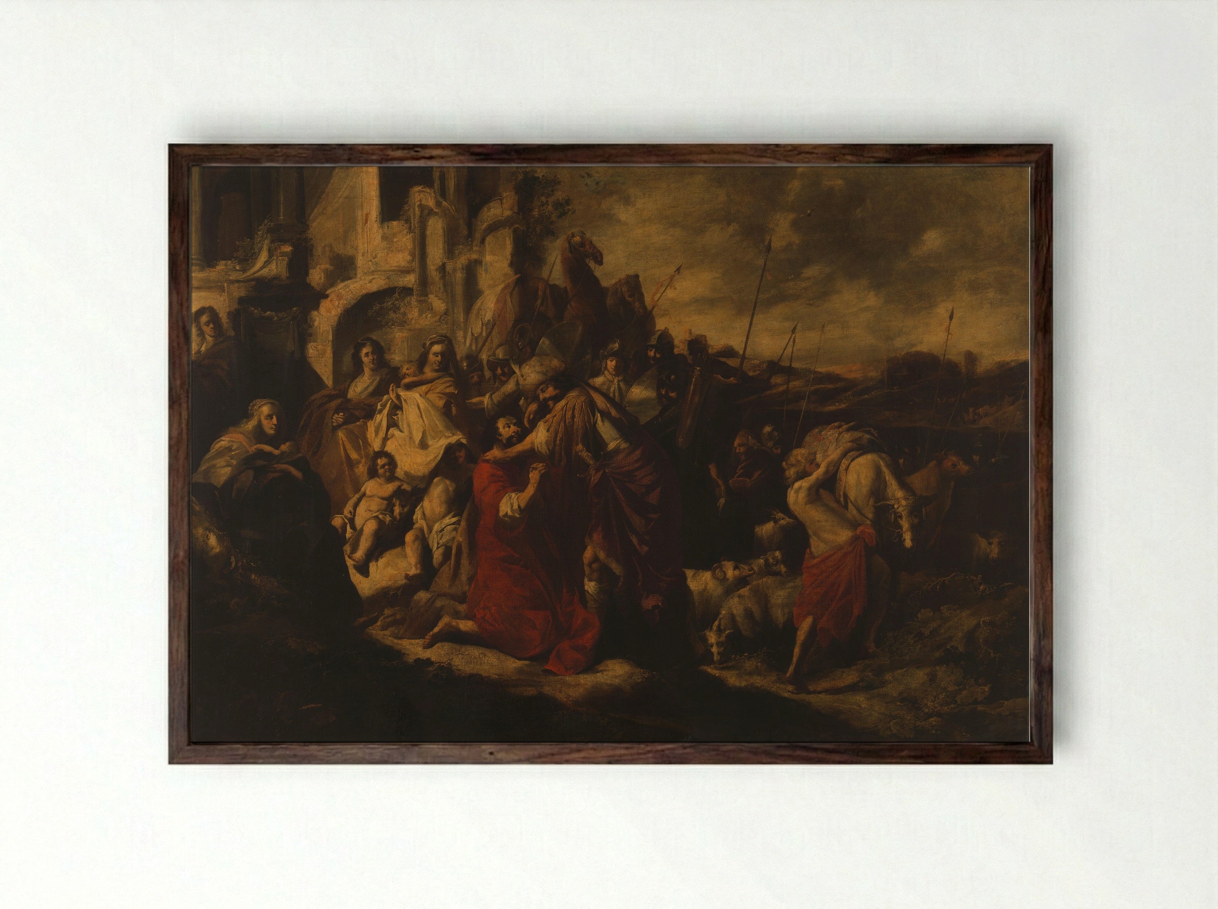 The Meeting of Jacob and Esau - Jacob Hogers - Framed Print Dark Wood