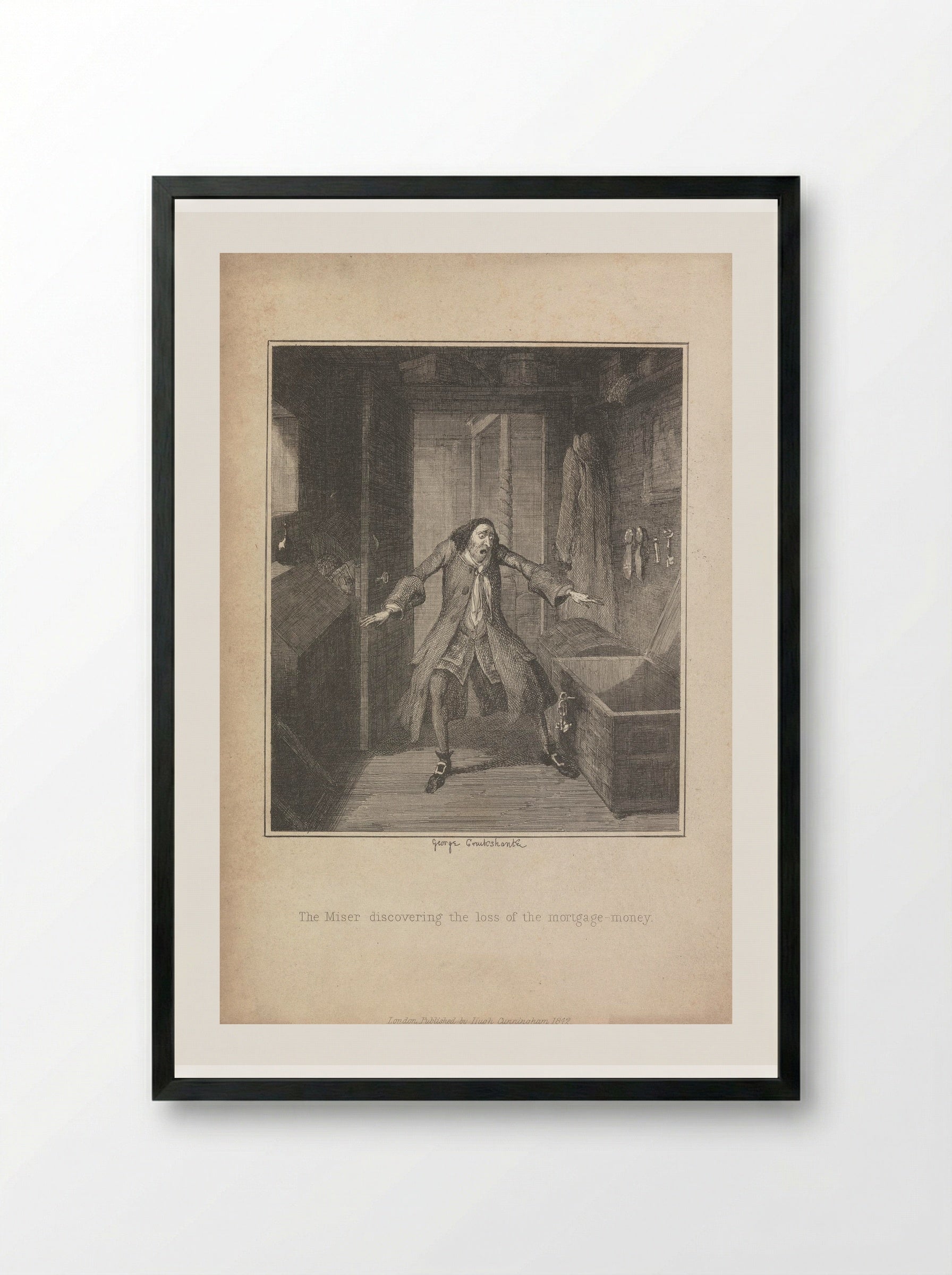 The Miser Discovering the Loss of the Mortgage Money - George Cruikshank - Framed Print Black