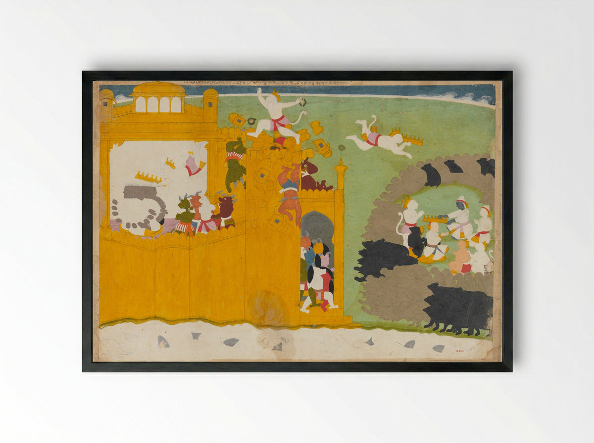 The Monkey Leader Angada Steals Ravana's Crown from His Fortress - Manaku - Framed Print Black
