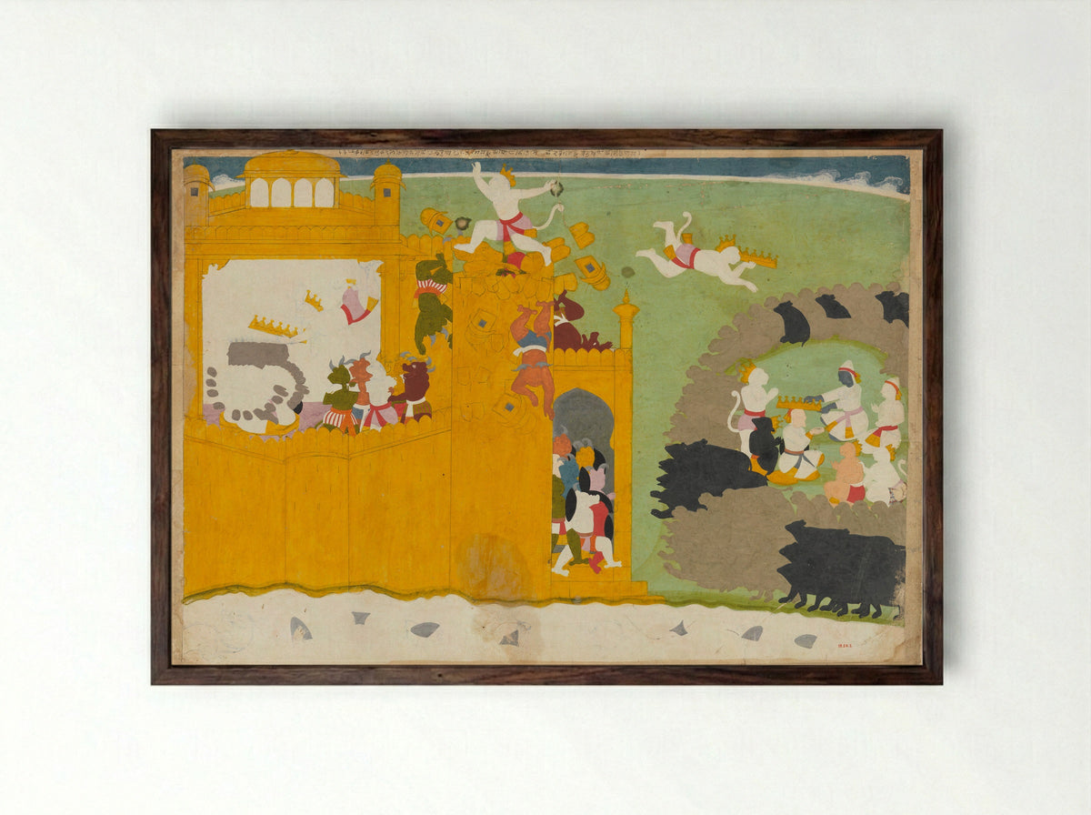 The Monkey Leader Angada Steals Ravana's Crown from His Fortress - Manaku - Framed Print Dark Wood
