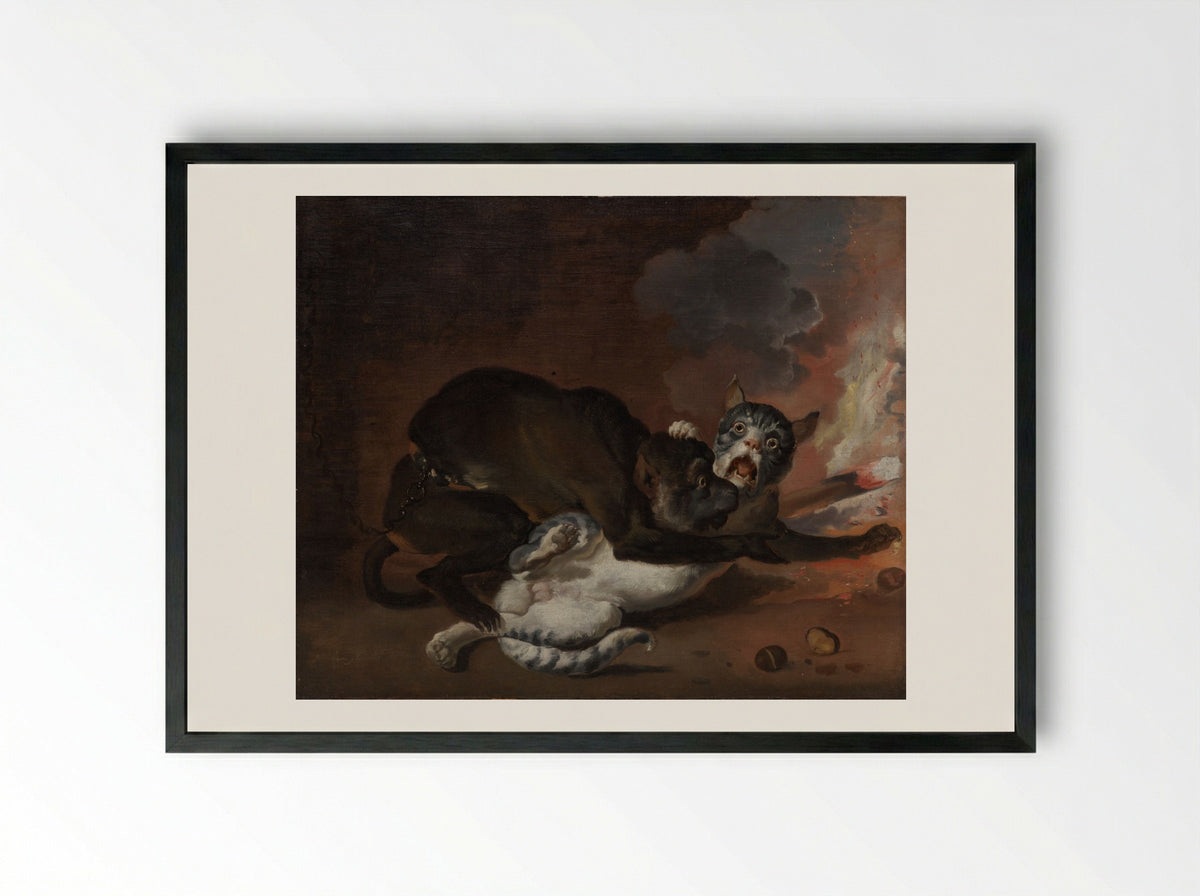 The Monkey and the Cat - Abraham Hondius - Framed Print Black